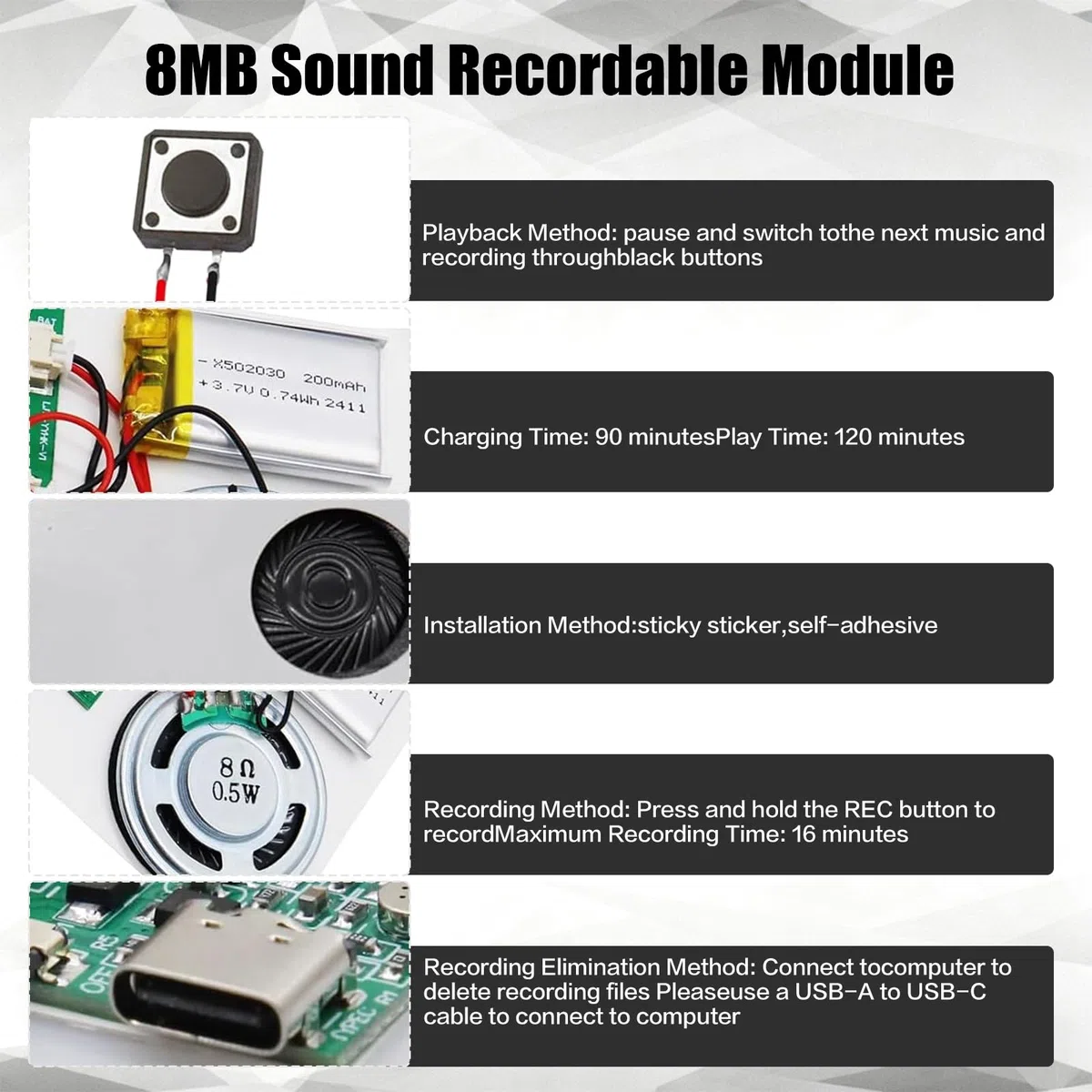 Módulo de sonido USB para MP3 con altavoz, 3 módulos grabables de voz, módulo de grabación de voz de música con batería recargable y cable para tarjetas DIY, regalos, juguetes
