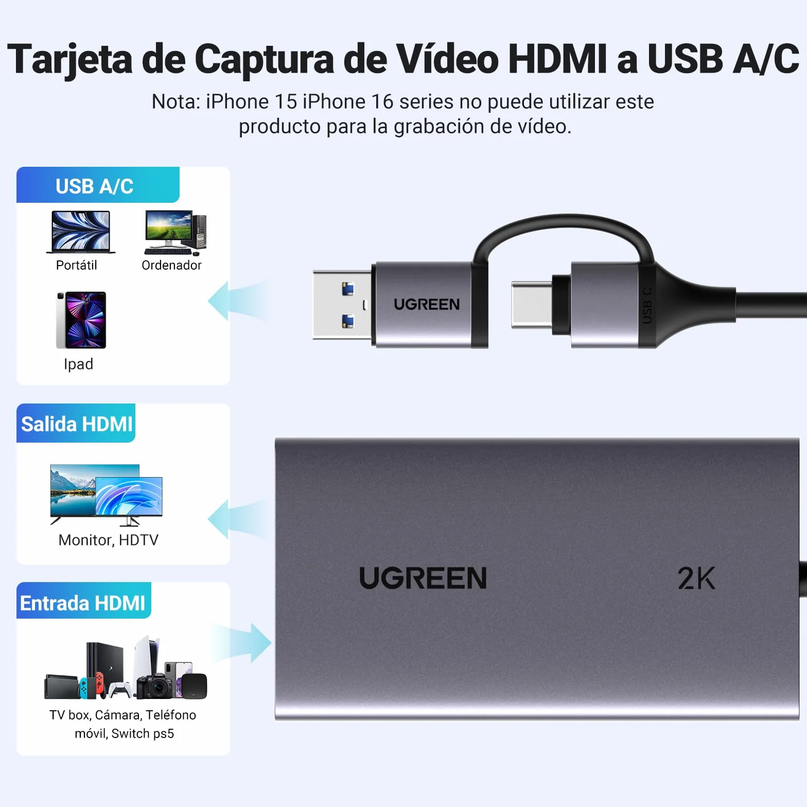 UGREEN Capturadora Vídeo HDMI Entrada 4K 30Hz Captura 2K 30Hz HD Capture Card per Streaming Gaming OBS Paso de señal 4K Compatibile con PC Switch PS5 Xbox MacBook iPad Camera