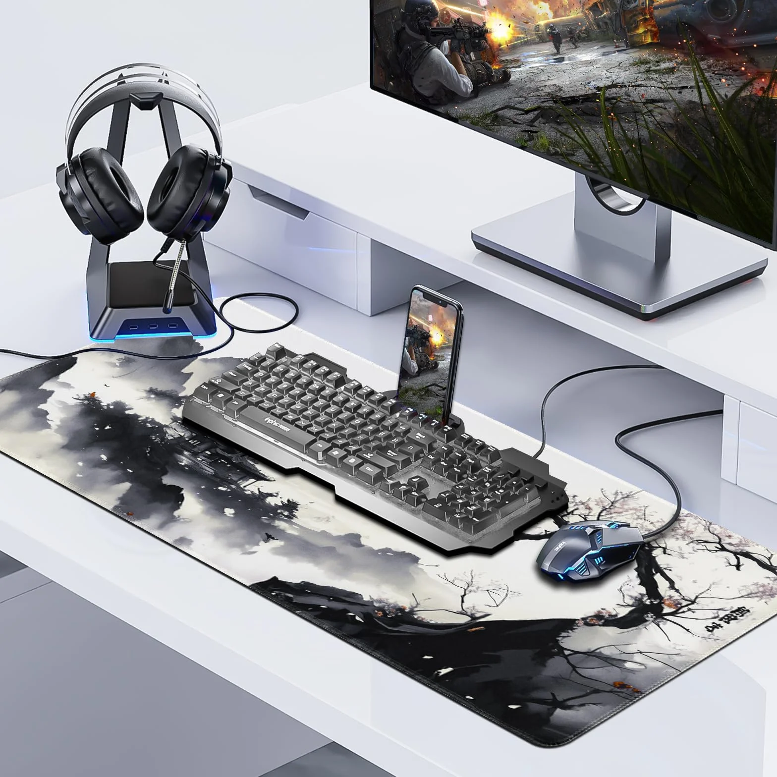 Alfombrilla Ratón XXL Japonesa Grande Gaming 900 x 400 mm, Alfombrilla Escritorio Antideslizante con Base de Goma, Mousepad Bordes Cosidos Impermeable para Oficina Ordenador Juegos&Tapete