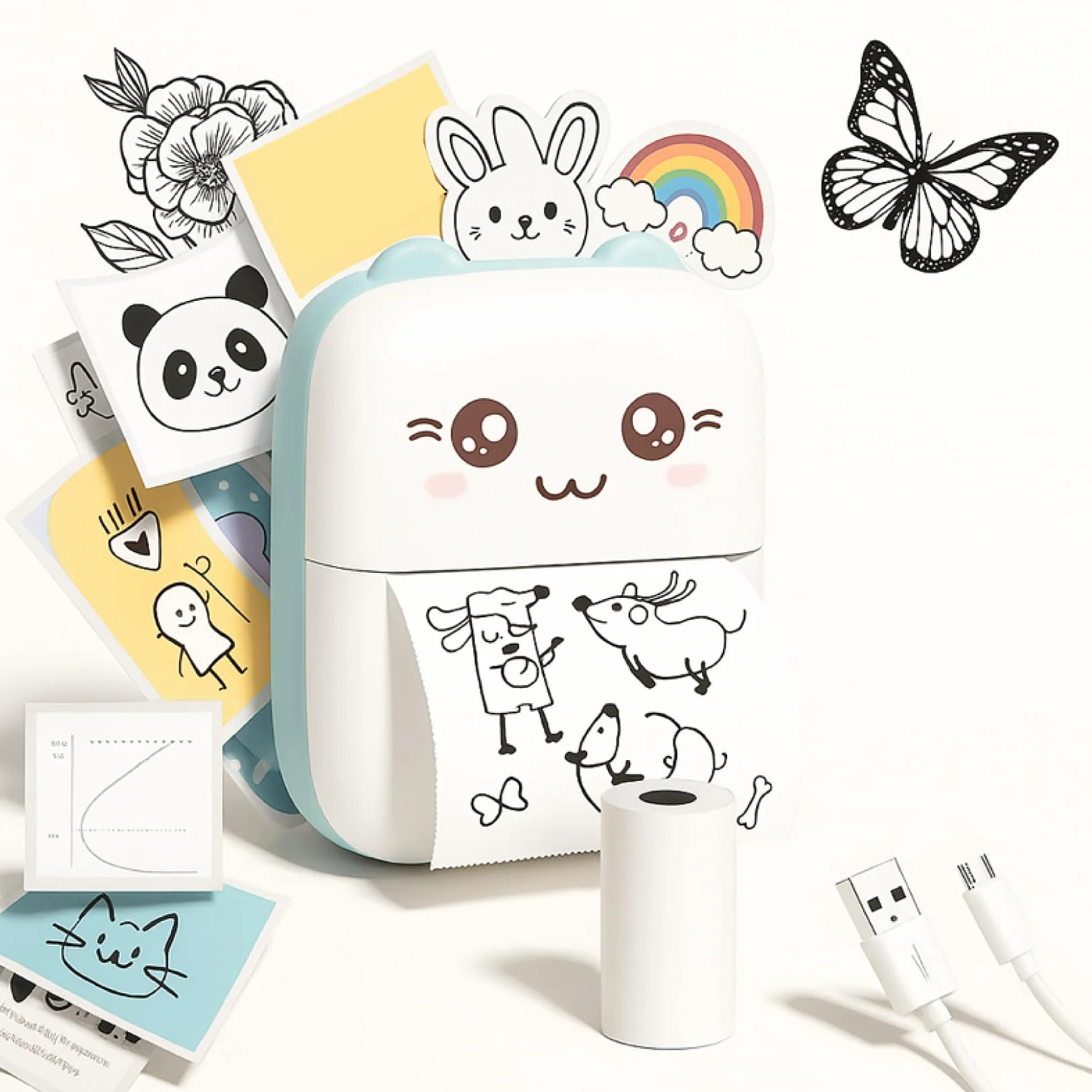 Mini Impresora térmica portátil para móvil con bluethoot. Impresora fotográfica sin Tinta con 1 Rollo de Papel térmico. Mini Printer Infantil Compatible con iOS y Android. Color Azul