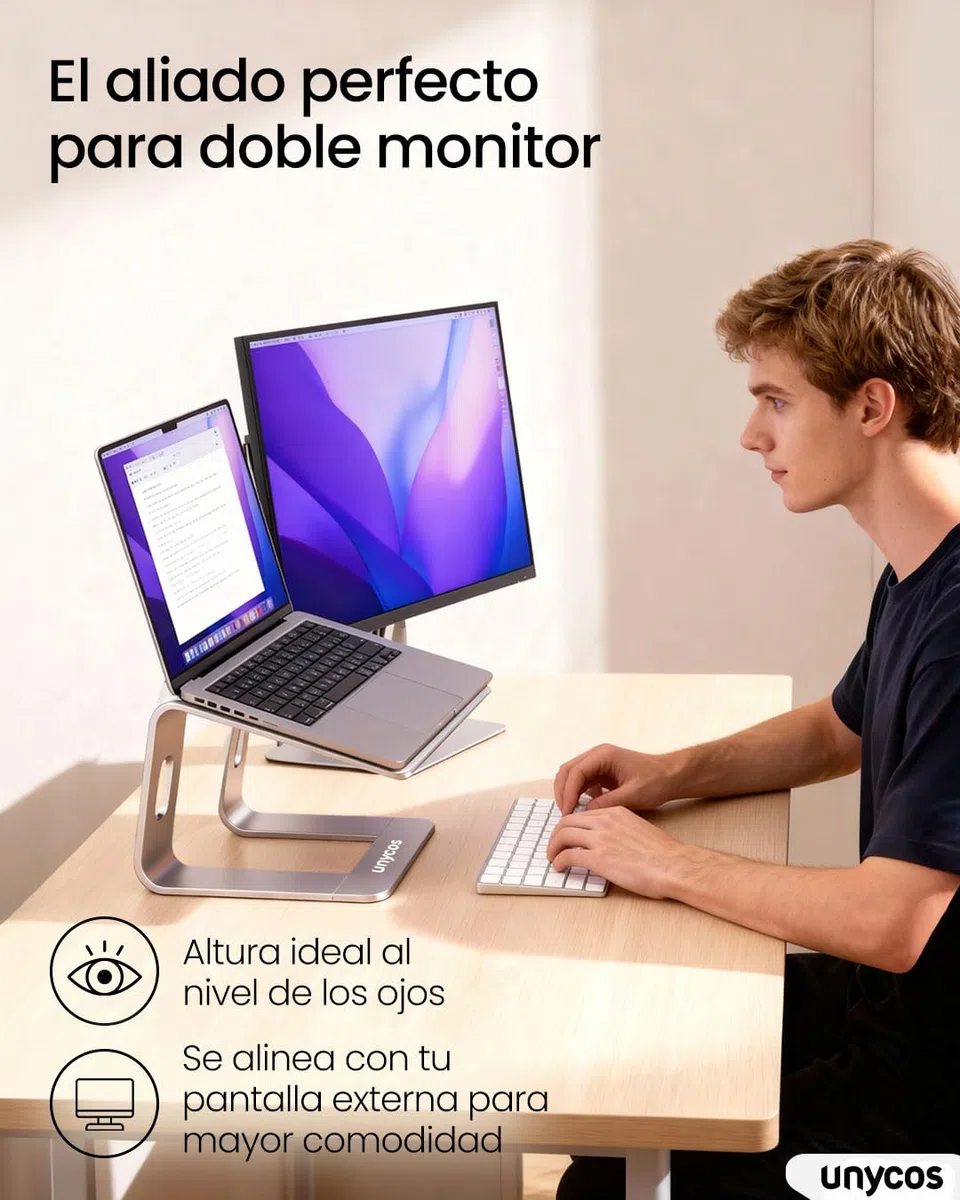 unycos - Soporte para Portátil Antideslizante de Aluminio, Compatible con Ordenadores de 10''/13''/15,6'' Ventilación y Disipación del Calor, 100% Ergonómico | Reduce Tensiones en el Cuello (Plata)