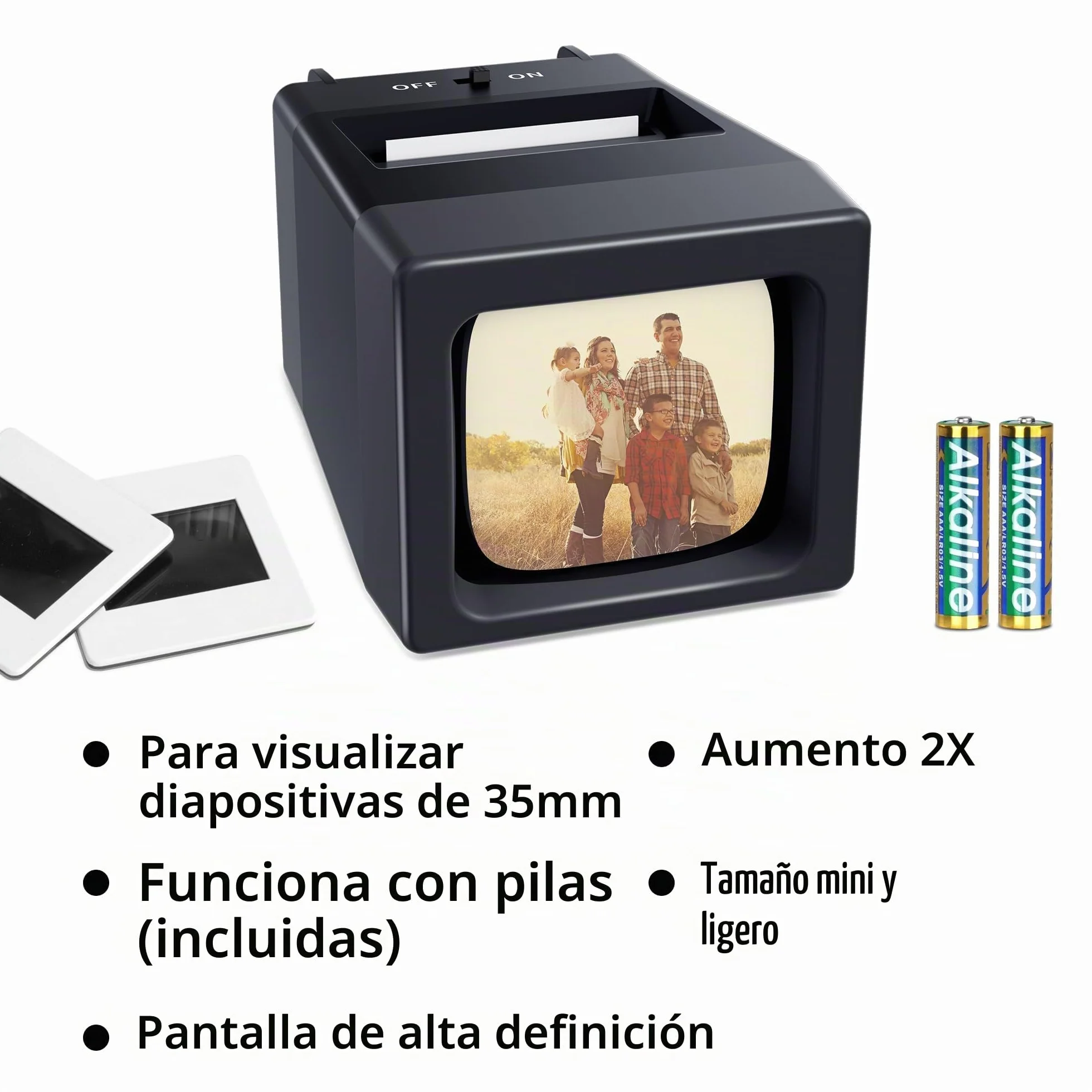Proyector de Diapositivas de 35 mm y Visor con 2 aumentos y iluminación LED para Diapositivas Antiguas y Negativos de 35 mm (Incluye 2 Pilas AA)