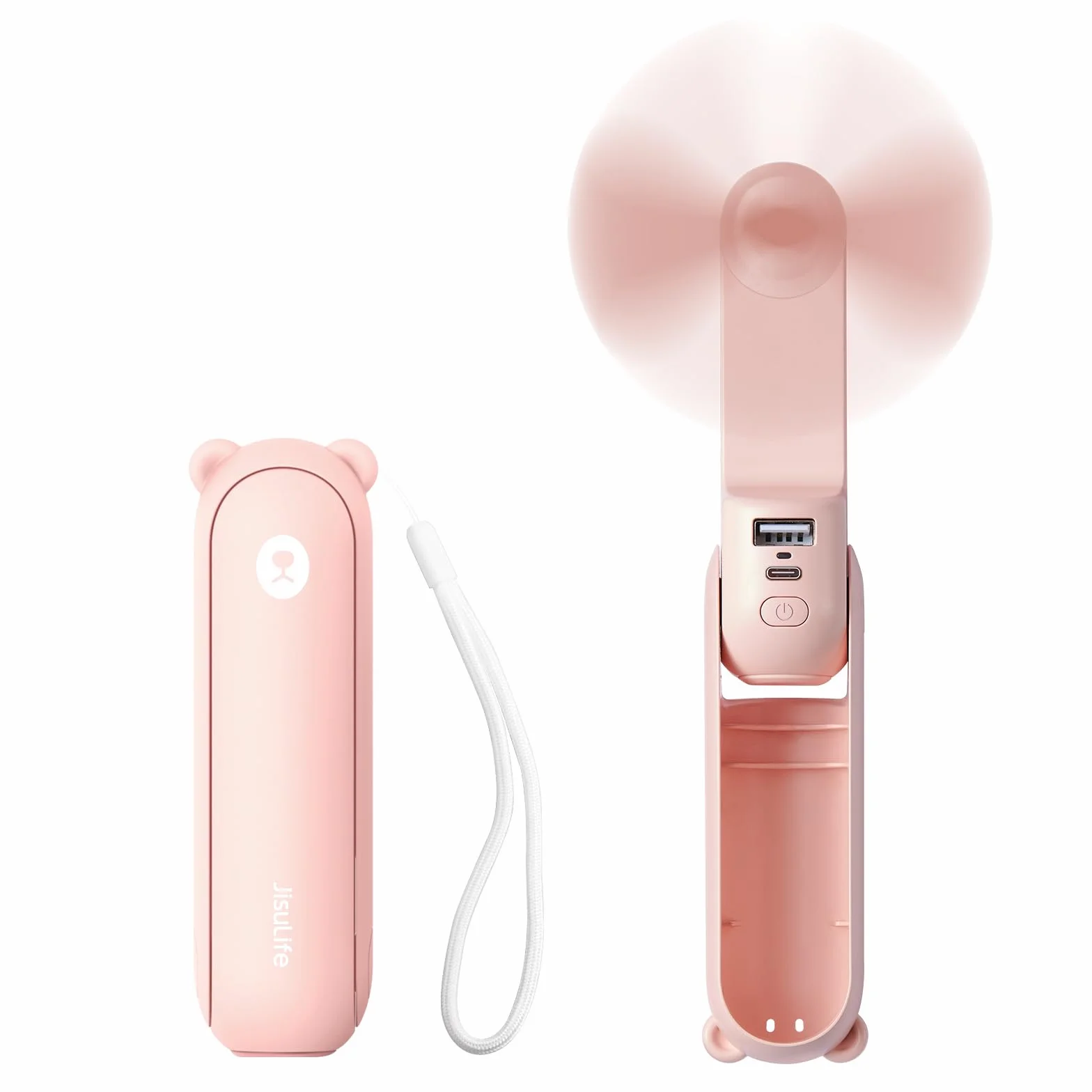 JISULIFE Mini Ventilador Portátil 3 en 1 - Recargable de Bolsillo [12-19 Horas de Trabajo] Con Batería Externa y Función de Linterna - Rosa