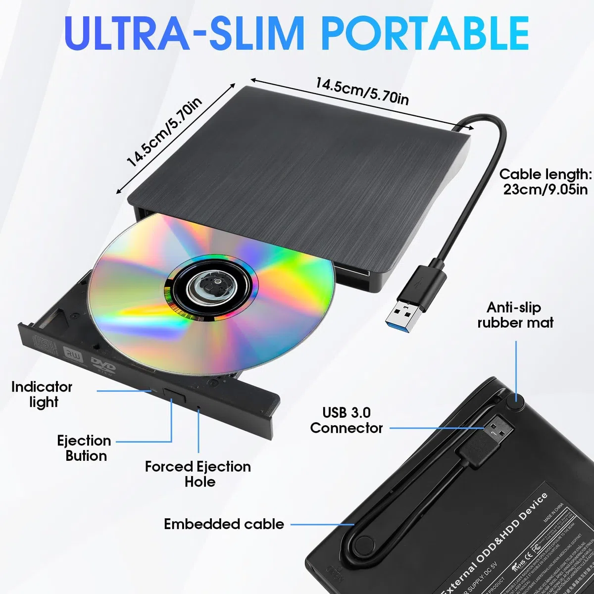 Grabadora CD DVD Externo USB 3.0 y USB-C Lector CD Externo y Grabadora DVD/CD +/-RW para PC y Portátil Slim con Cable Integrado Plug & Play 8X/24X Windows 11/10/8/7 MacOS Linux