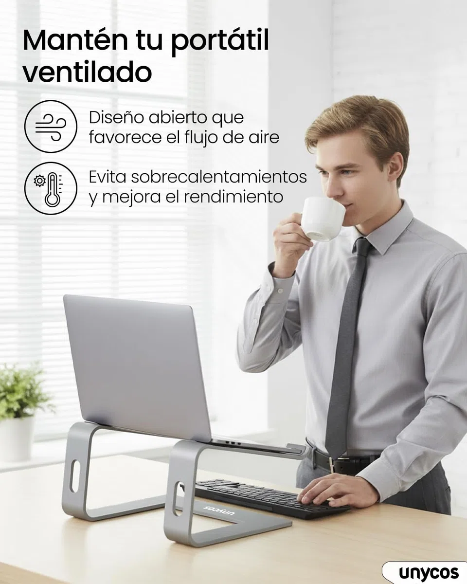 unycos - Soporte para Portátil Antideslizante de Aluminio, Compatible con Ordenadores de 10''/13''/15,6'' Ventilación y Disipación del Calor, 100% Ergonómico | Reduce Tensiones en el Cuello (Plata)
