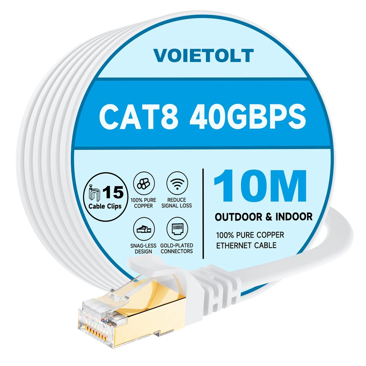 Cable Ethernet Cat8 con Clips, 40Gbps/2000Mhz Cat-8 Cable de Red Internet Plano STP RJ45 Gigabit LAN de Alta Velocidad - Blanco (Blanco, 10Metro)