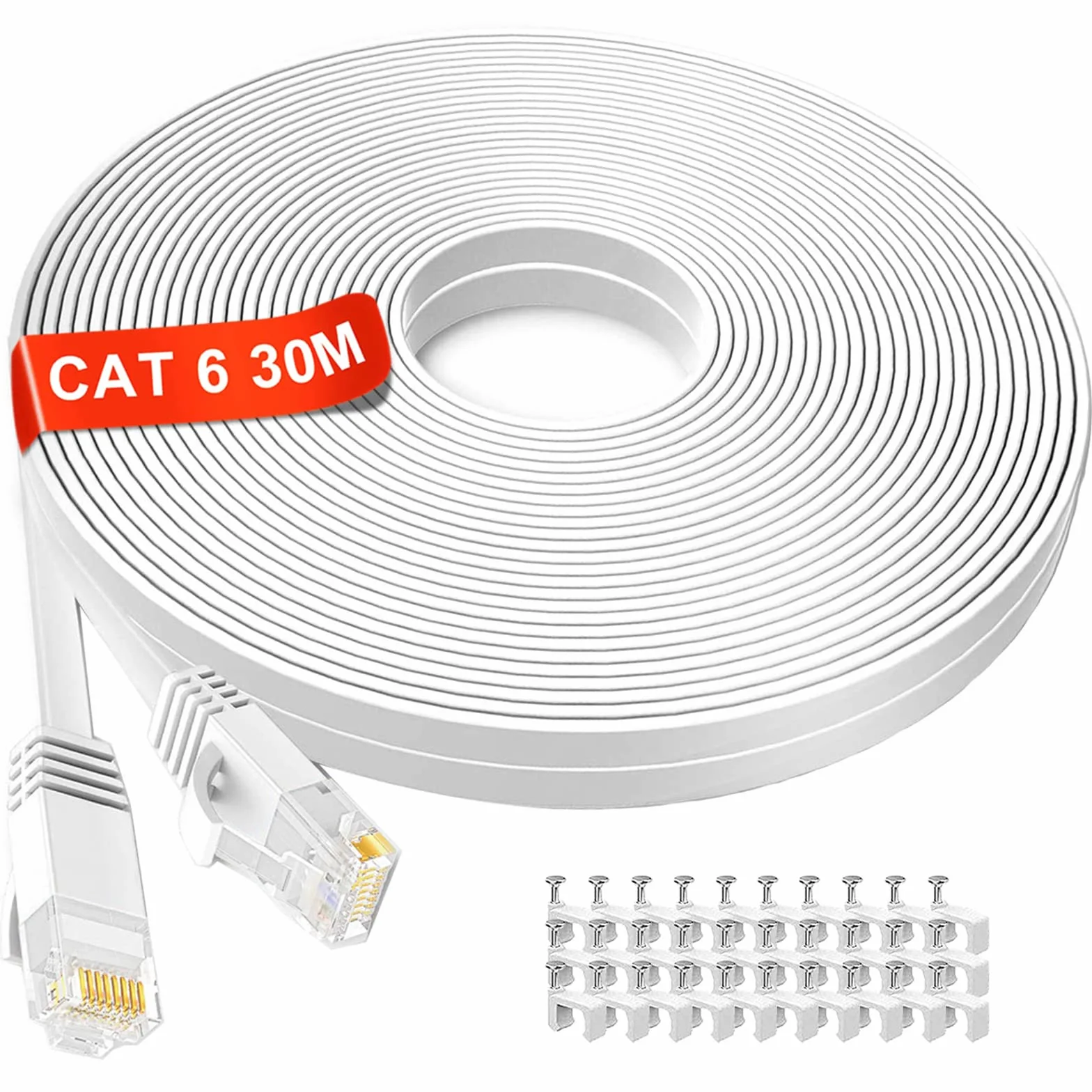 Cable Ethernet 30 Metros, Cat 6 Cable de Red 30m Alta Velocidad RJ45 Plano Cable LAN, Núcleo de Cobre Puro Cable Internet Exterior Interior, Gigabit Banda Ancha Cable Patch para Switch, Rúter, Módem