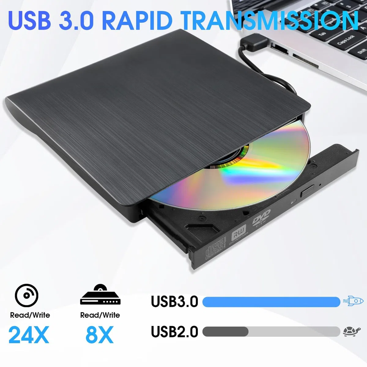 Grabadora CD DVD Externo USB 3.0 y USB-C Lector CD Externo y Grabadora DVD/CD +/-RW para PC y Portátil Slim con Cable Integrado Plug & Play 8X/24X Windows 11/10/8/7 MacOS Linux
