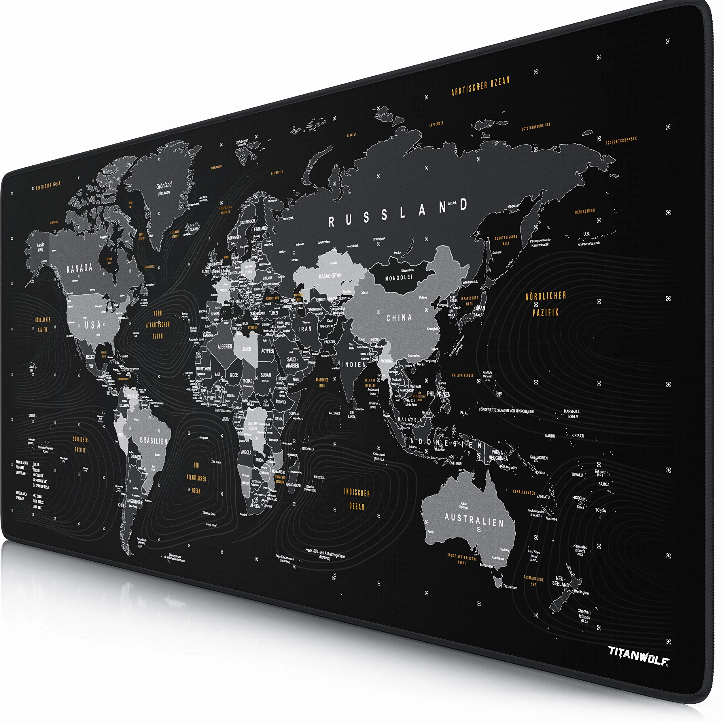 Titanwolf – Alfombrilla de ratón para Juegos – Titanwolf XXL – 900 x 400 x 3 mm – Alfombrilla de Escritorio Grande – XXL Alfombrilla de ratón para Juegos y Oficina – Mapa del Mundo Negro