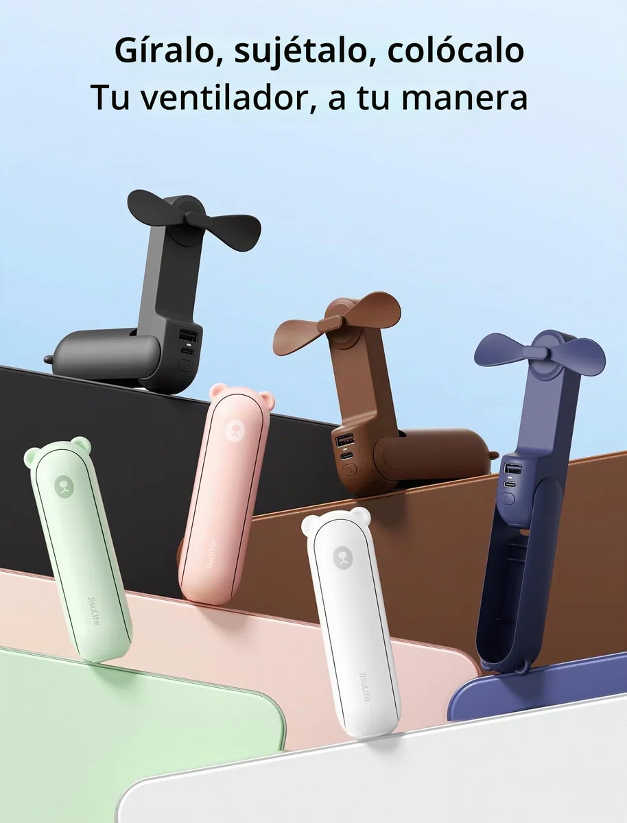 JISULIFE Mini Ventilador Portátil 3 en 1 - Recargable de Bolsillo [12-19 Horas de Trabajo] Con Batería Externa y Función de Linterna - Rosa