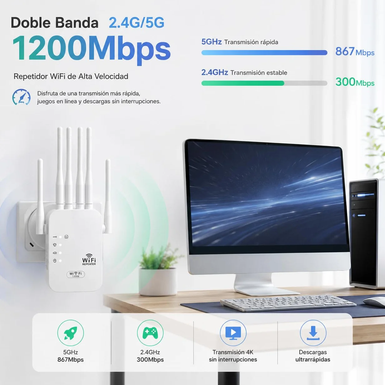 2026 Nuevo Repetidor WiFi 1200 Mbps, Amplificador de Señal WiFi de Largo Alcance 2,4 y 5 GHz con 6 Antenas, Extender up to 120 m2, Configuración Sencilla de WPS, para Hogar y Oficina Pequeña (1200M)