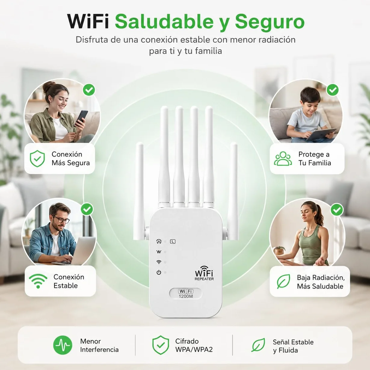 2026 Nuevo Repetidor WiFi 1200 Mbps, Amplificador de Señal WiFi de Largo Alcance 2,4 y 5 GHz con 6 Antenas, Extender up to 120 m2, Configuración Sencilla de WPS, para Hogar y Oficina Pequeña (1200M)