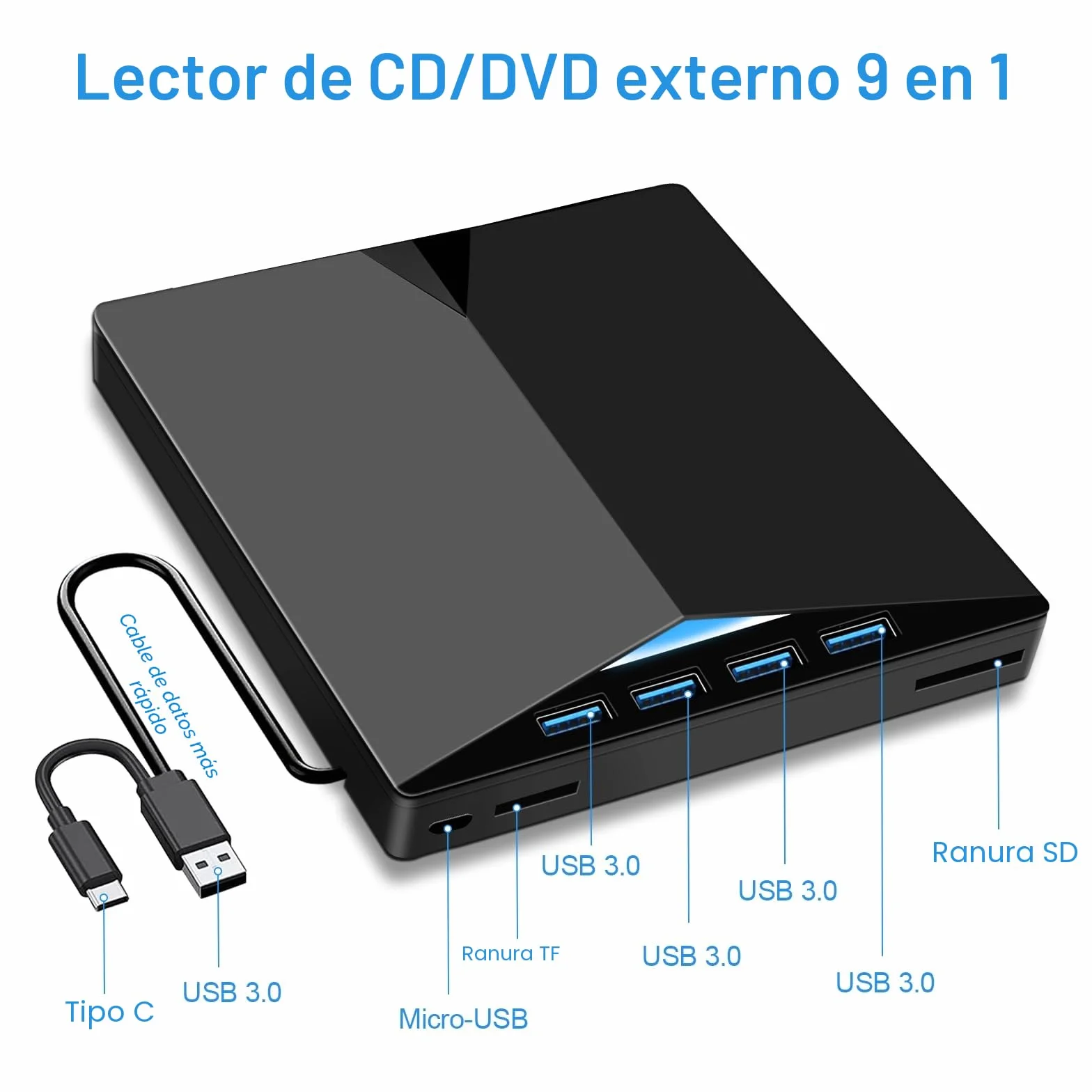 Lector CD Externo para PC, Superdelgado Grabadora DVD Externa Unidades USB 3.0 y USB-C Portátil -RW/ROM Estable para Laptop, Desktop, Windows XP/7/8/10/11/Vista/Linux/MacOS