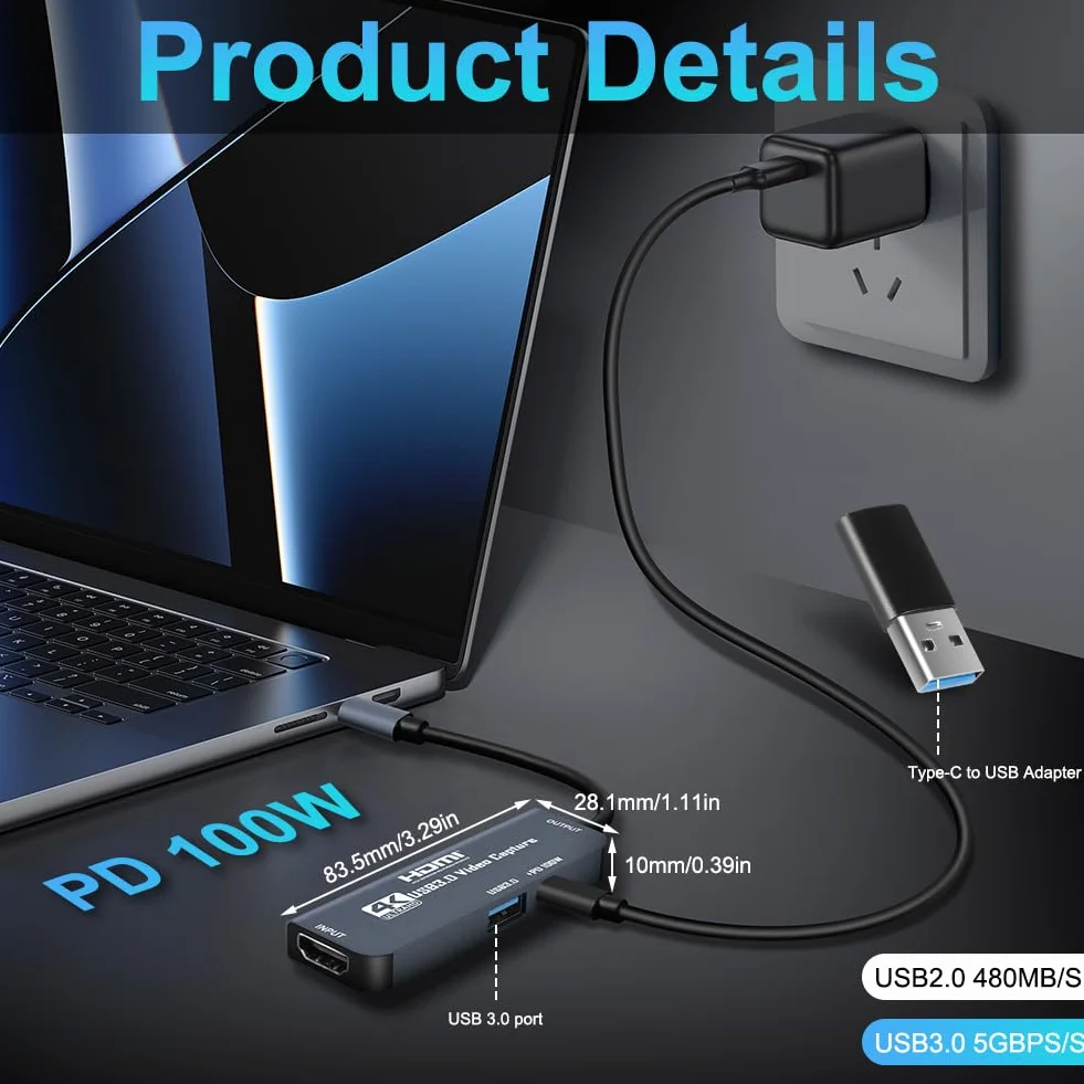 Flintronic Capturadora Video HDMI, 4K 1080P 60FPS, USB C 3.0 Tarjeta Captura Vídeo, 100W PD, Cargar Mientras se USA, para Streaming, Grabación de Juegos y Transmisión en Vivo – Compatible, Enseñanza