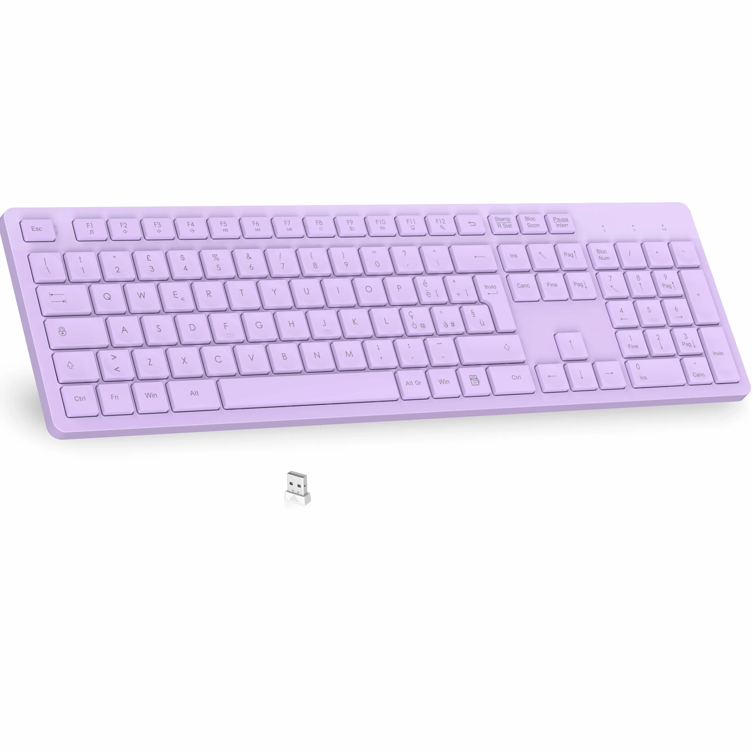 LeadsaiL Teclado inalámbrico, teclado inalámbrico de tamaño completo, QWERTY italiano, diseño ergonómico USB de 2,4 GHz con teclado numérico para PC, portátil, Mac OS, MacBook Pro/Air, Windows-violeta