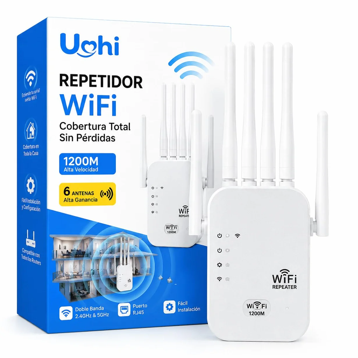 2026 Nuevo Repetidor WiFi 1200 Mbps, Amplificador de Señal WiFi de Largo Alcance 2,4 y 5 GHz con 6 Antenas, Extender up to 120 m2, Configuración Sencilla de WPS, para Hogar y Oficina Pequeña (1200M)