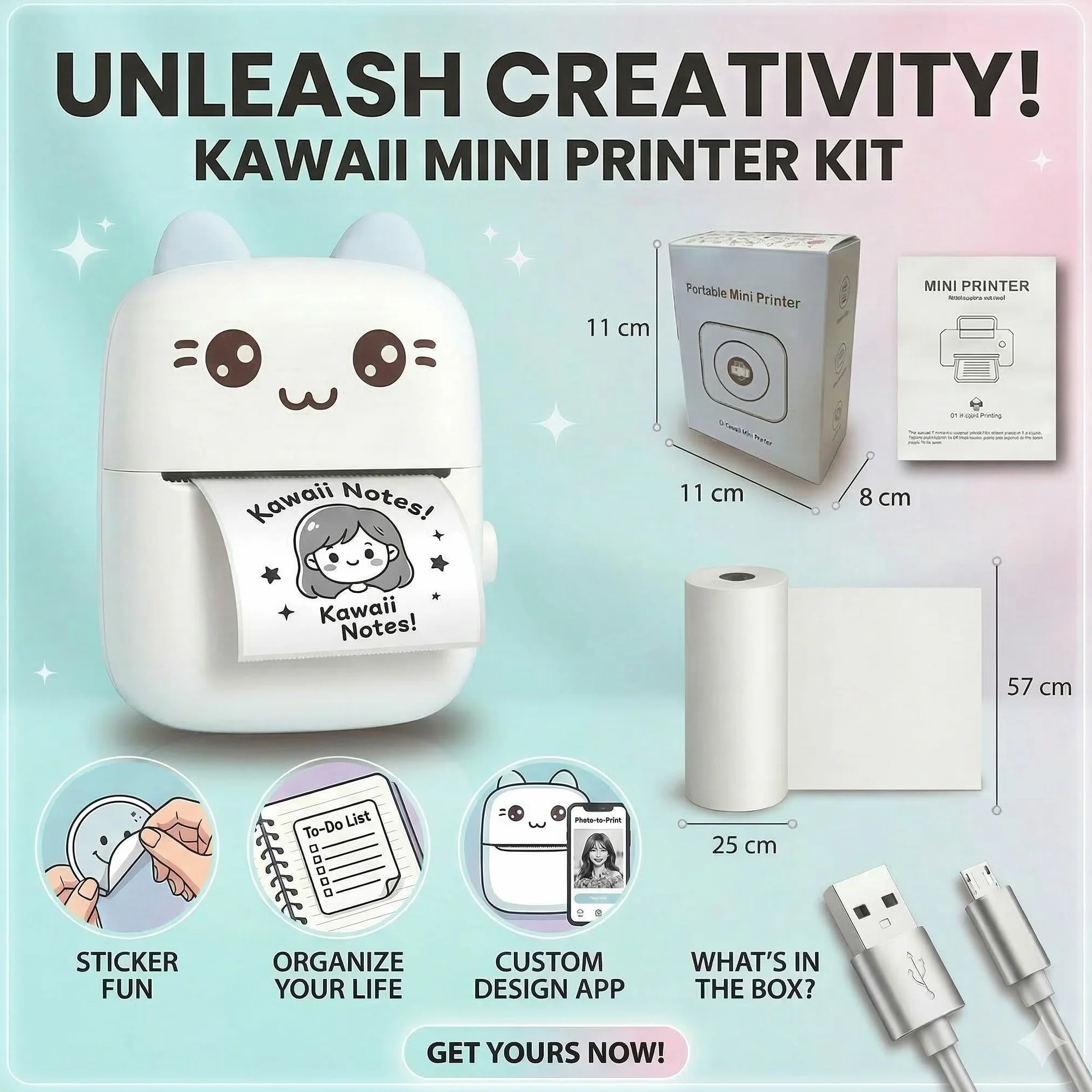 Mini Impresora térmica portátil para móvil con bluethoot. Impresora fotográfica sin Tinta con 1 Rollo de Papel térmico. Mini Printer Infantil Compatible con iOS y Android. Color Azul