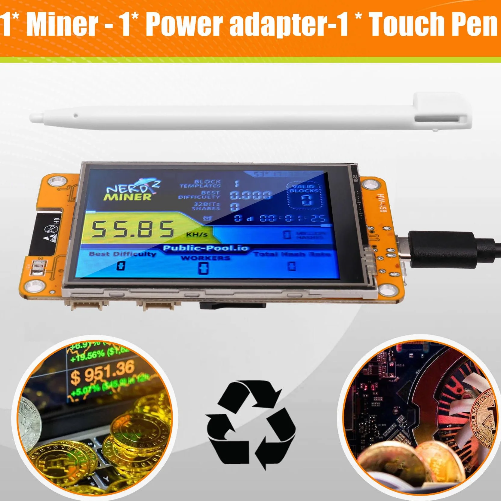 NerdMiner 2 Miner 55-60KH/S BTC Lottery Solo Miner Pantalla de 2,8 Pulgadas Bitcoin BTC Miner Solo Nerd Miner