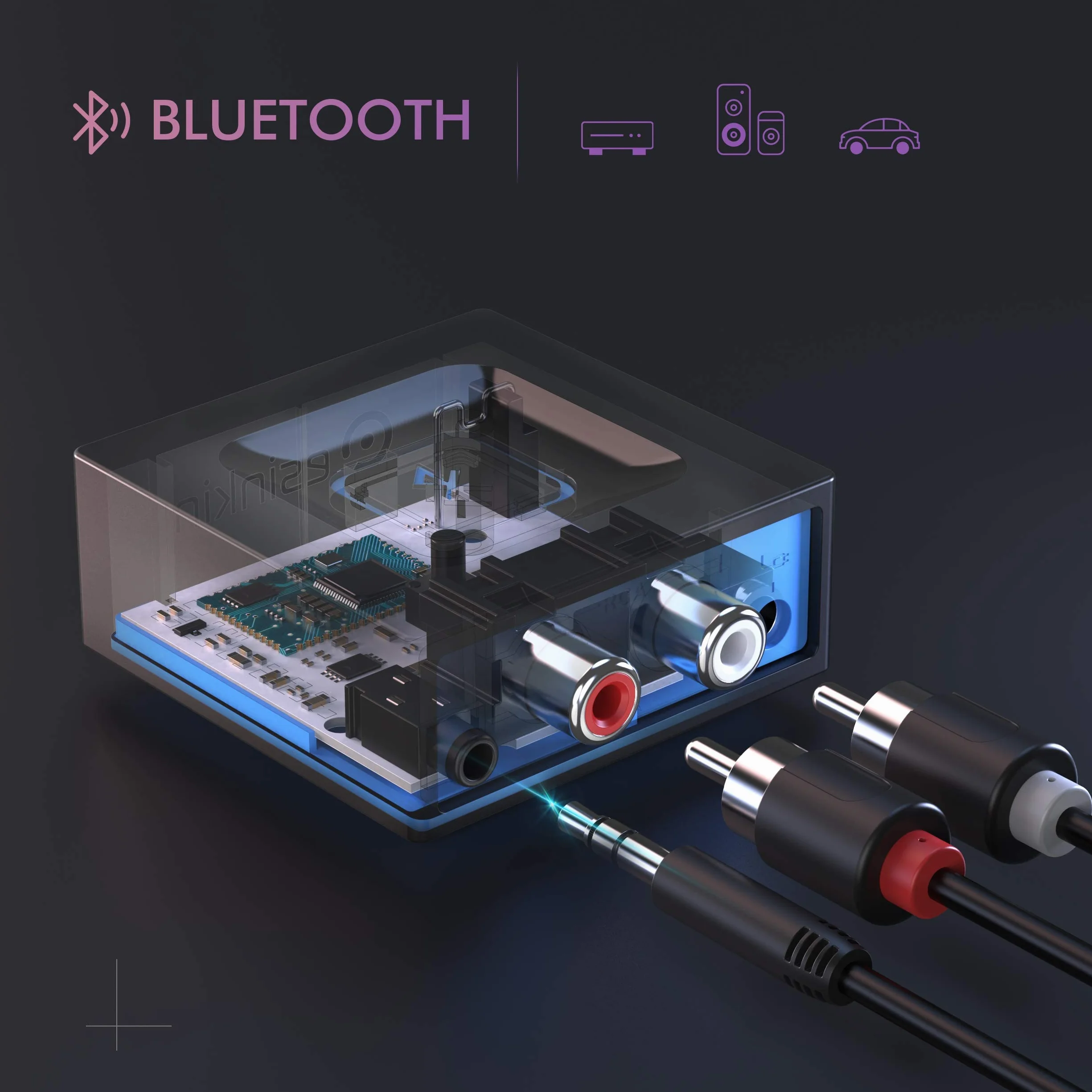 esinkin Receptor de Audio Inalámbrico, Adaptador Bluetooth para PC/Mac/Smartphone/Tablet/Receptores AV/Coche, Salidas 3.5 mm y RCA para Altavoces, Boton de Encendido/Apagado