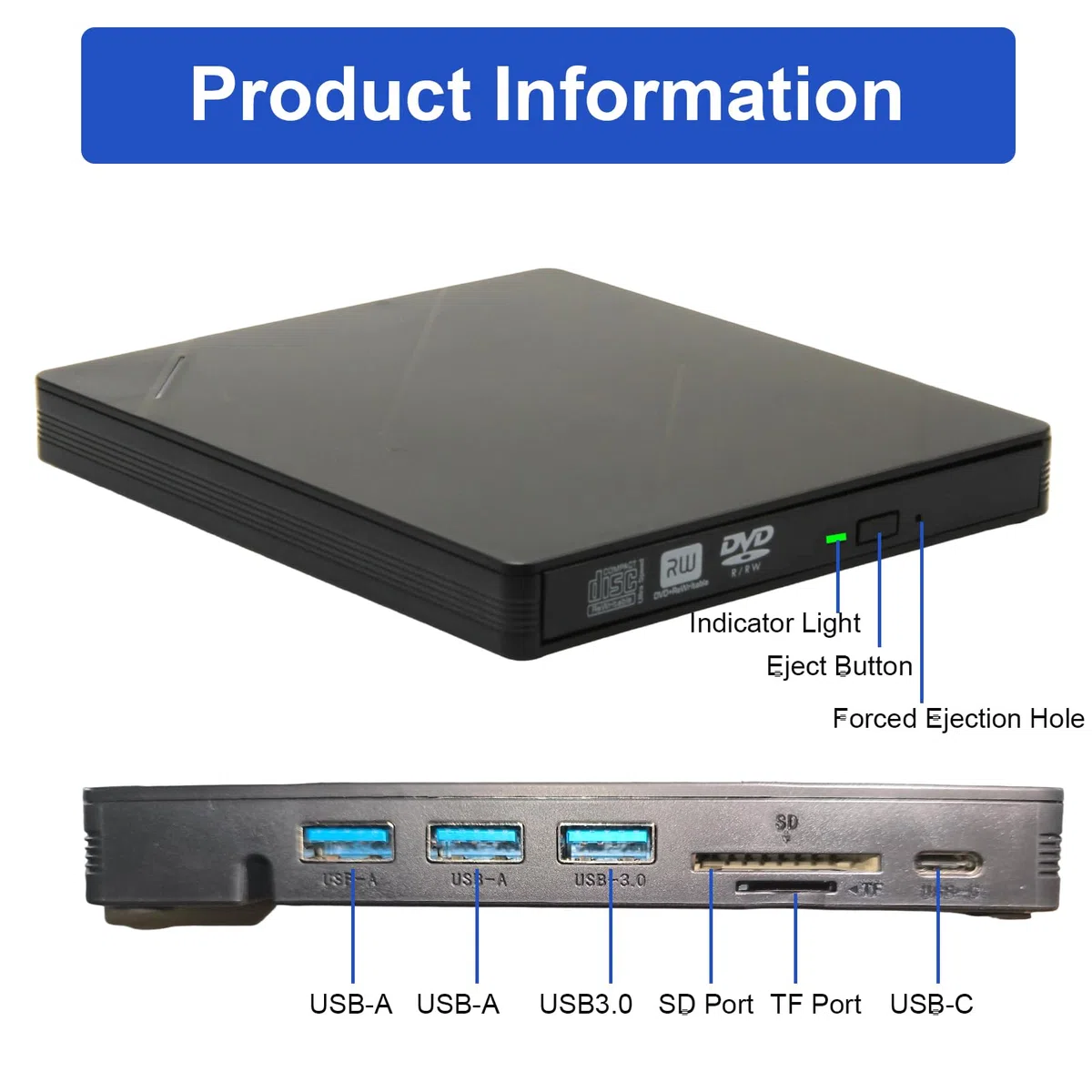 7 en 1 Lector CD/DVD Externo para PC, Grabadora DVD Externa con 4 Puertos USB y 2 Ranuras para Tarjetas TF/SD, Portatil External CD DVD +/-RW Drive, USB 3.0 y USB-C Reproductor para Macbook Windows