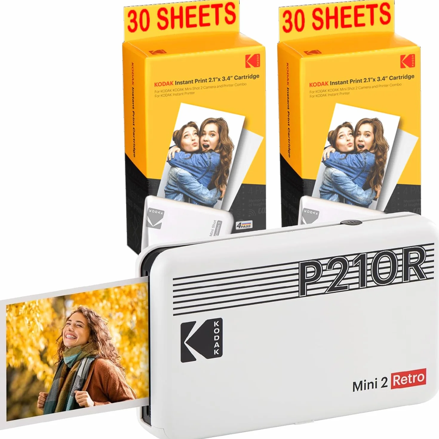 KODAK Pack Mini Imprimante P210 Retro 2 + Cartouche et Papier pour 60 Photos - Imprimante Connectée Bluetooth - Photos Format CB 5,3 x 8,6 cm - Batterie Lithium - Sublimation Thermique 4Pass