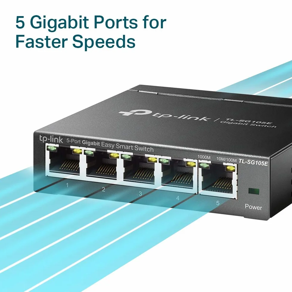 TP-Link TL-SG105E Unmanaged Pro Switch, 5 Puertos Gigabit Inteligente, Plug and Play, Gigabit Puerto, Caso Metal VLAN, QoS, Software de Gestión Inteligente Fácil, Negro
