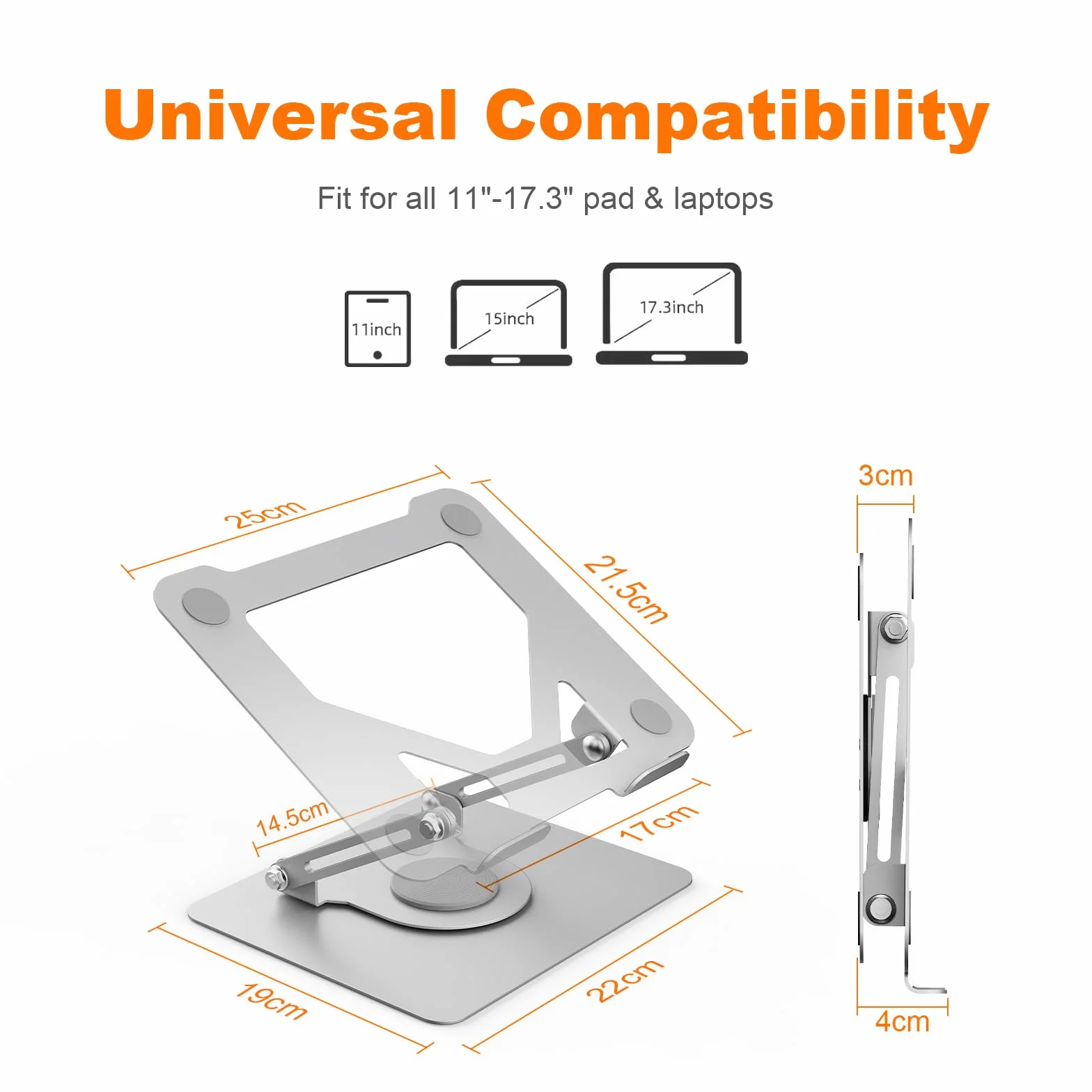 GRIFEMA Soporte Portátiles Mesa Plegable Ventilado con Base Giratoria, Elevador Portatil Altura Ajustable, Compatible con la Mayoría de los Portátiles de 11-17" GB1050-1, Plata