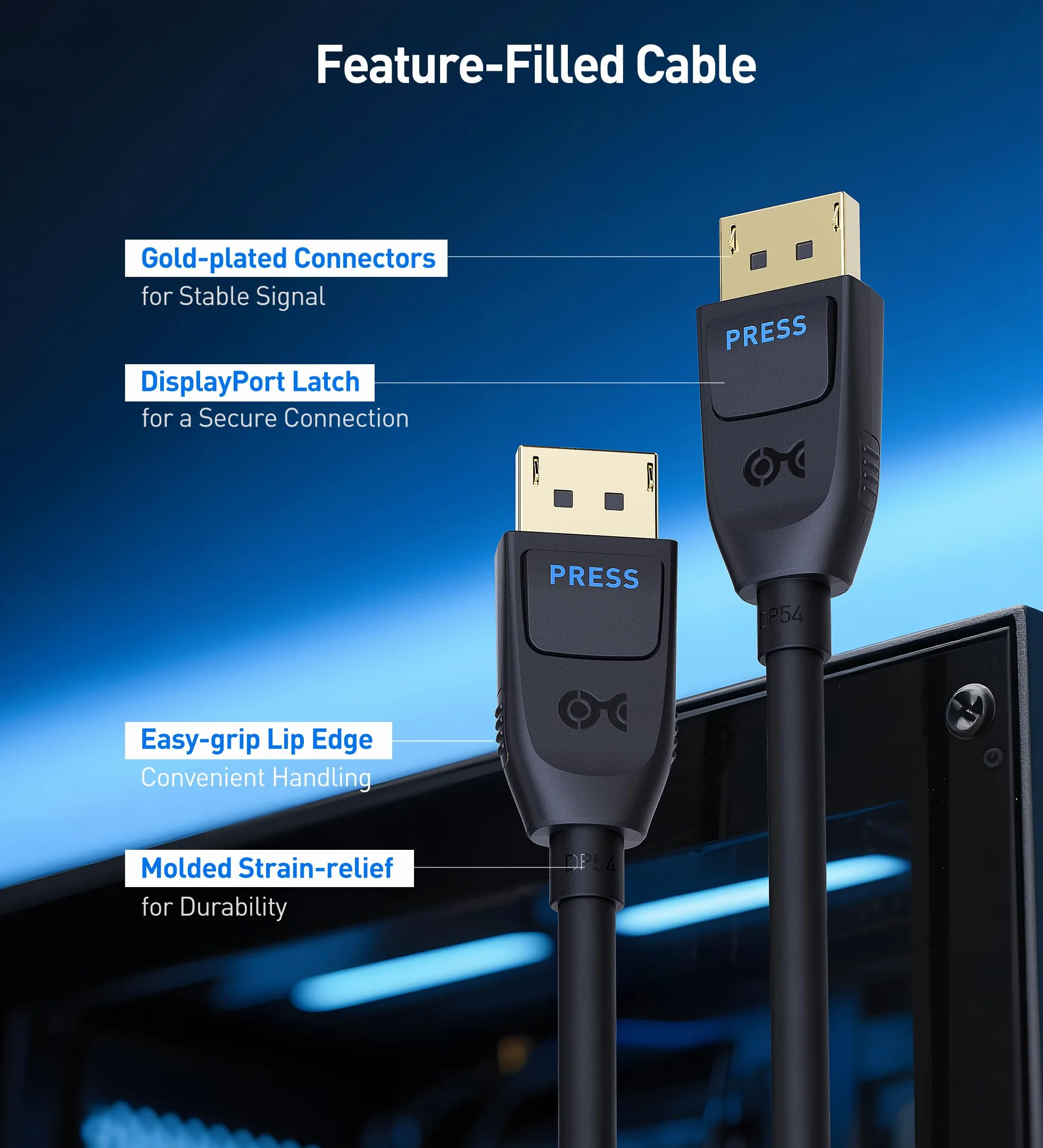 Cable Matters VESA Certified 54Gbps DisplayPort 2.1 Cable 3m, DP54 Cable con, 8K 165Hz, 4K 500Hz en Negro con FreeSync, G-SYNC y HDR para Gaming Monitor, PC, RTX 4080/4090, RX 7900