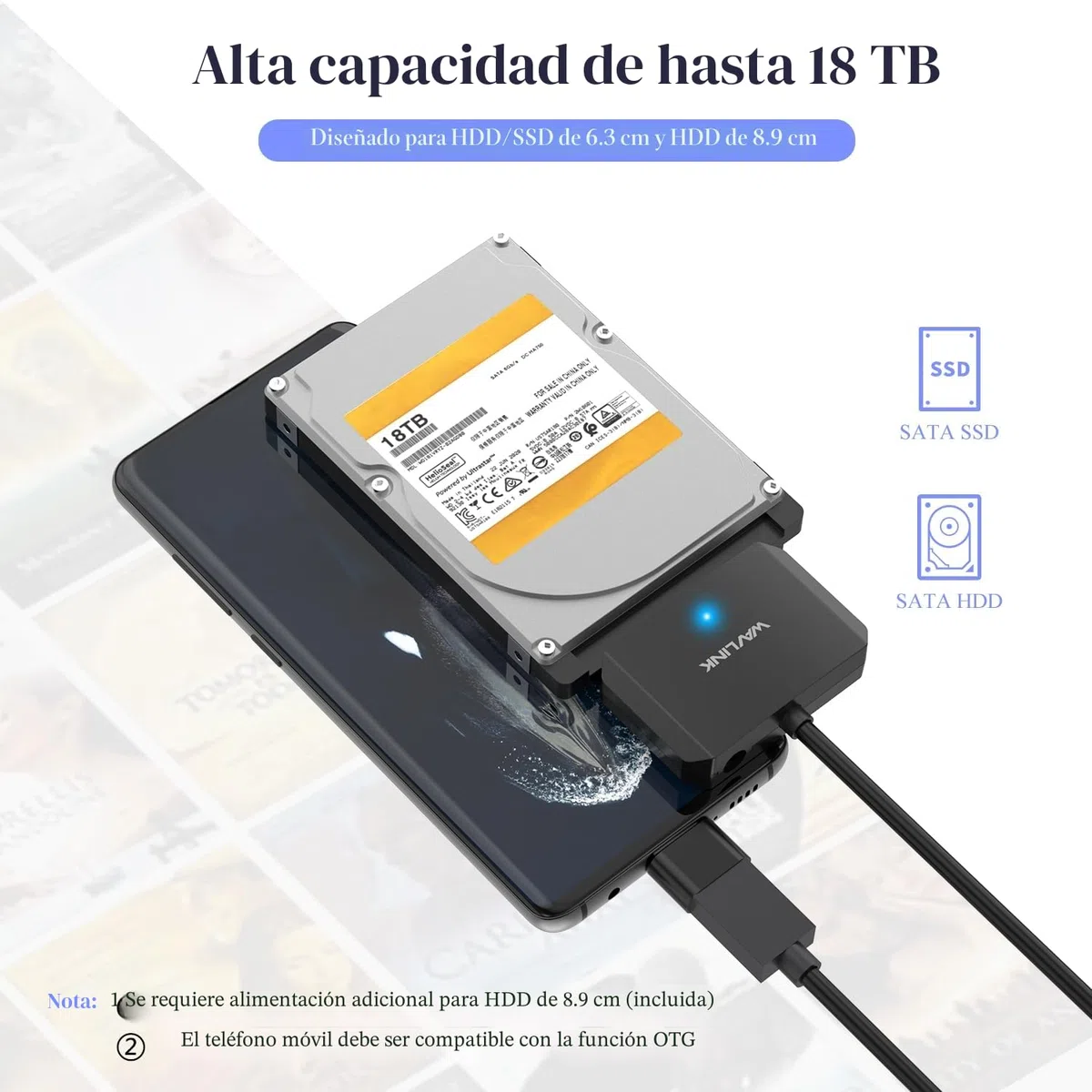 WAVLINK USB3.0 a SATA III Cable Adaptador de Disco Duro,Conector de Disco Duro Externo para 2,5''/3,5''HDD/SSD, SATA a USB A 5Gbps Convertidor,Adaptador de Corriente Incluido