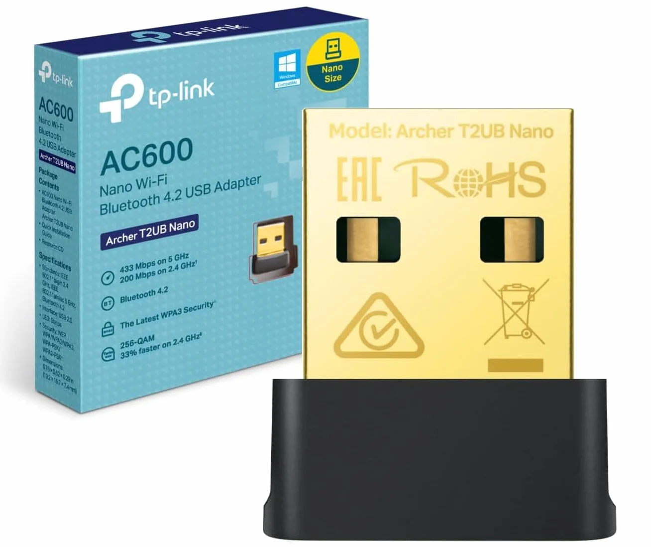 TP-Link Archer T2UB Nano AC600 Nano Wi-Fi Bluetooth 4.2 USB Adaptador (2.4 GHz 200 Mbps, 5 GHz 433 Mbps, tamaño Nano, Compatible con Win 11/10/8.1/8/7, estándares de cifrado WPA3, Bluetooth 4.2)