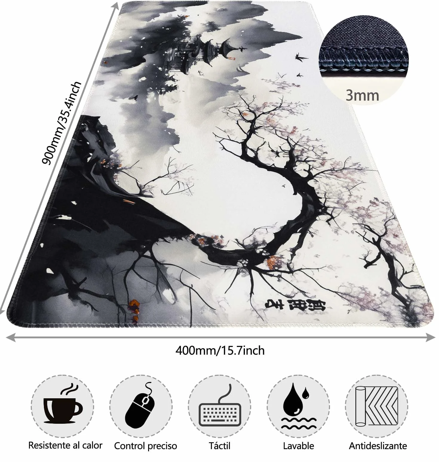 Alfombrilla Ratón XXL Japonesa Grande Gaming 900 x 400 mm, Alfombrilla Escritorio Antideslizante con Base de Goma, Mousepad Bordes Cosidos Impermeable para Oficina Ordenador Juegos&Tapete