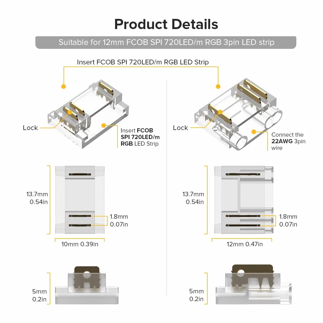 SEZO Juego de Conectores LED FCOB RGB IC de 3 pines 12mm 24 Unidades Transparente sin Soldadura Placa a Bordo Conector de Cable + 8 Cables de Extensión de 15cm de Largo 22 AWG