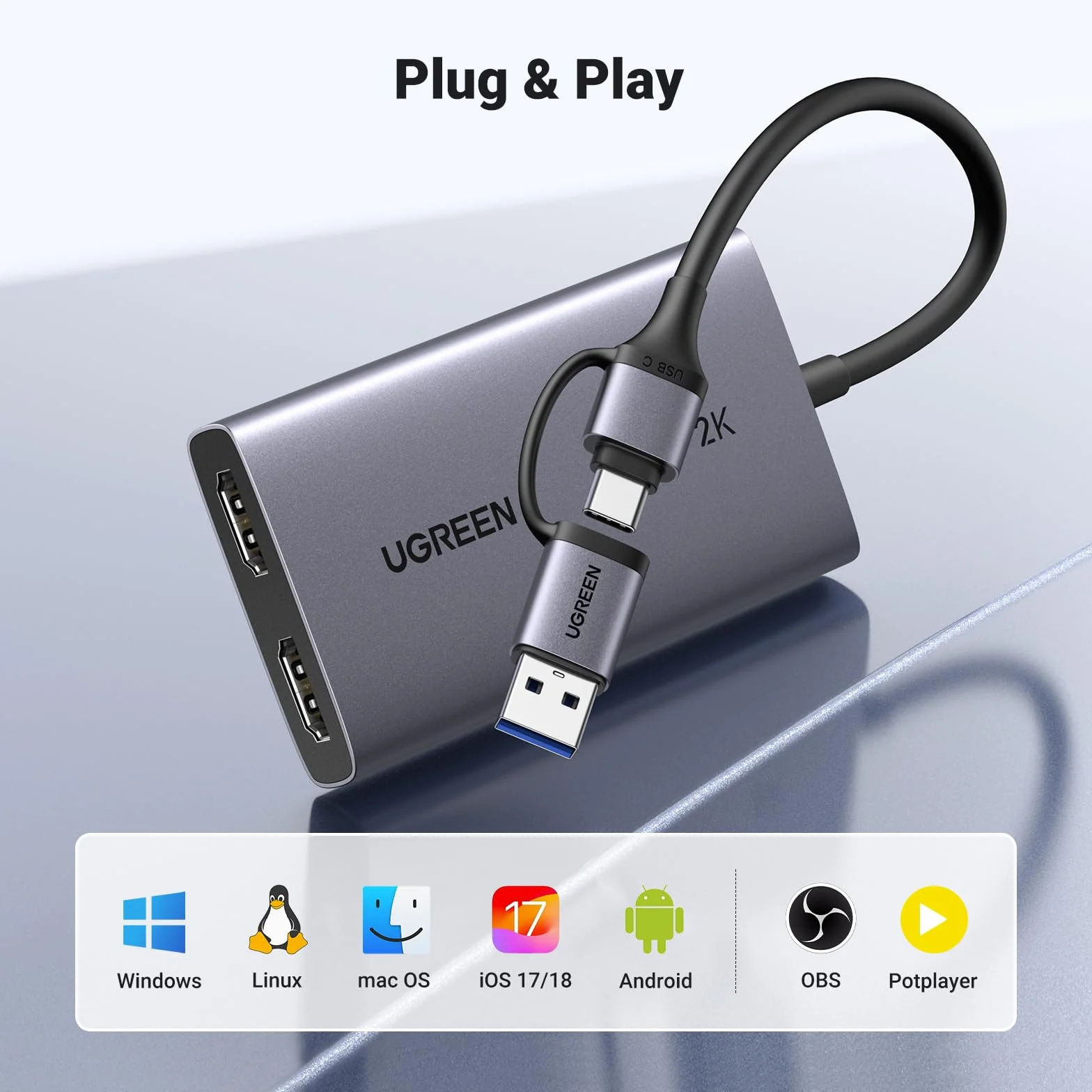 UGREEN Capturadora Vídeo HDMI Entrada 4K 30Hz Captura 2K 30Hz HD Capture Card per Streaming Gaming OBS Paso de señal 4K Compatibile con PC Switch PS5 Xbox MacBook iPad Camera