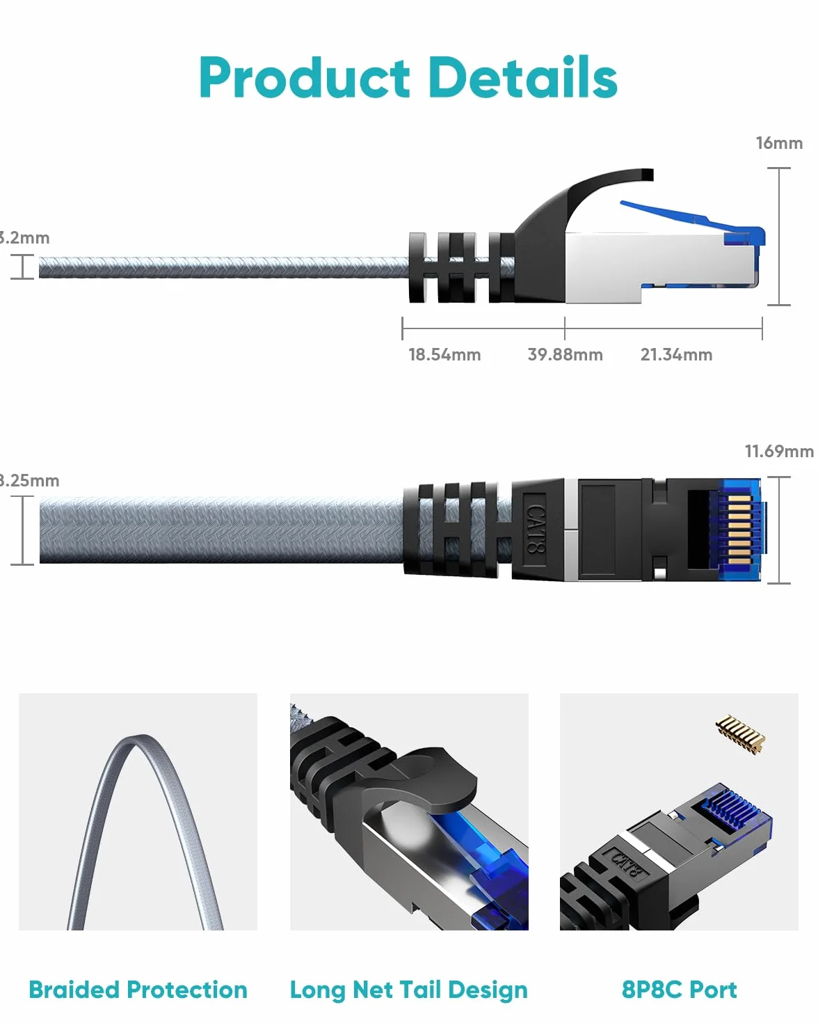 BUSOHE Cat 8 Cable Ethernet de 10m, Trenzado Cable de Red LAN Gigabit Plano de Alta Velocidad RJ45, Cable de Conexión de Internet 40Gbps 2000Mhz Compatible con PC, Portátil, Routers, Módem