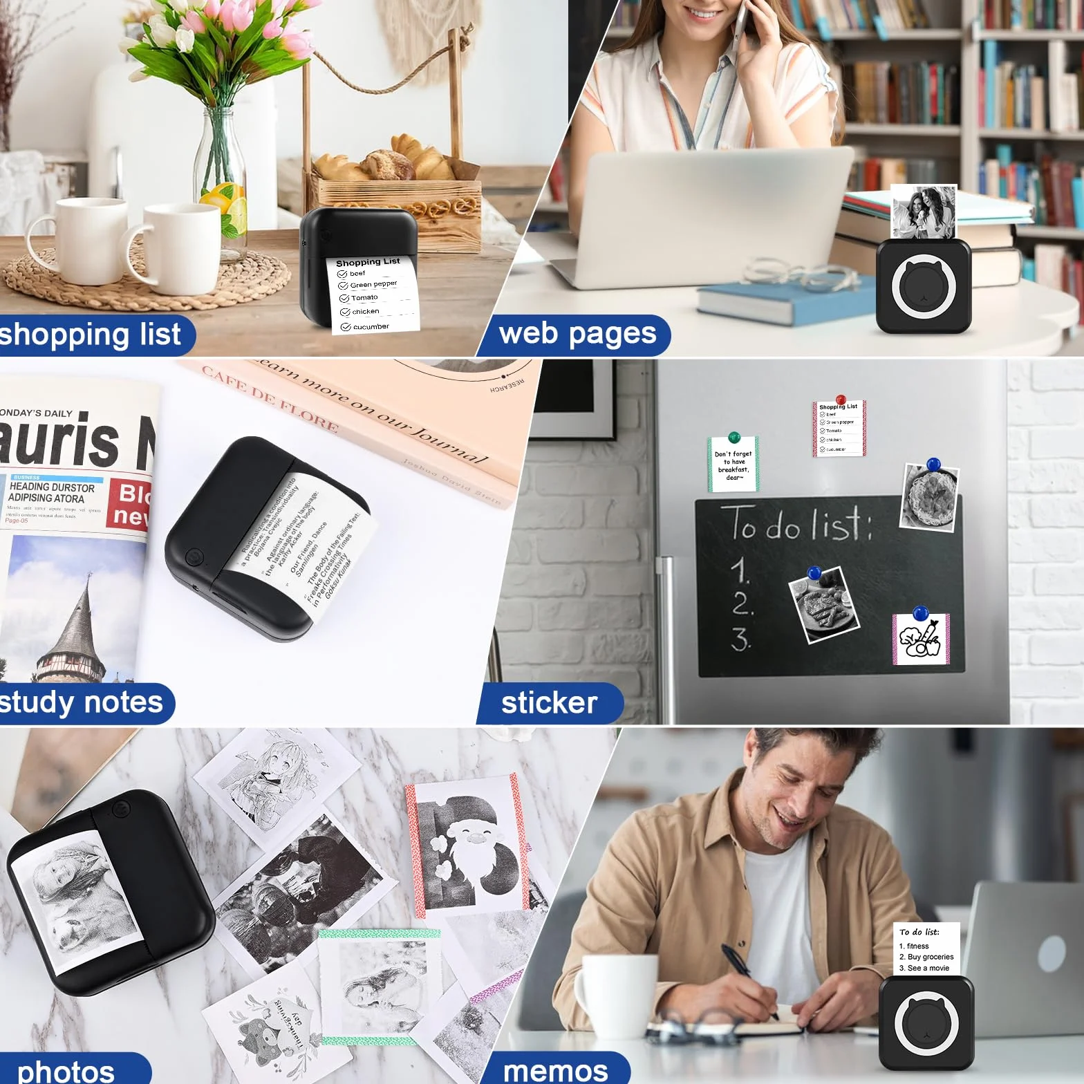 GuKKK Mini Impresora para Movil, Impresora Fotográfica, Portátil Mini Impresora Bluetooth Impresora Termica, Inalámbrico Impresora Térmica Con 13 Rolls of Paper, Movil Impresora Fotos, para Fotos Nota