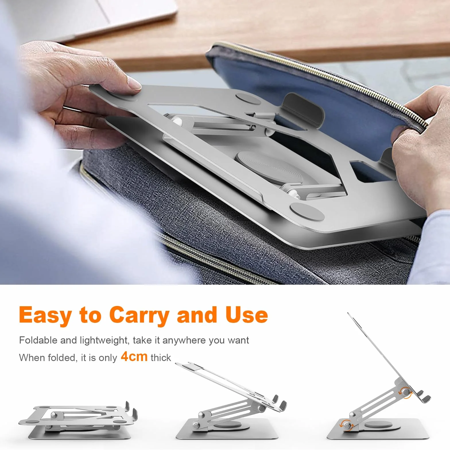 GRIFEMA Soporte Portátiles Mesa Plegable Ventilado con Base Giratoria, Elevador Portatil Altura Ajustable, Compatible con la Mayoría de los Portátiles de 11-17" GB1050-1, Plata
