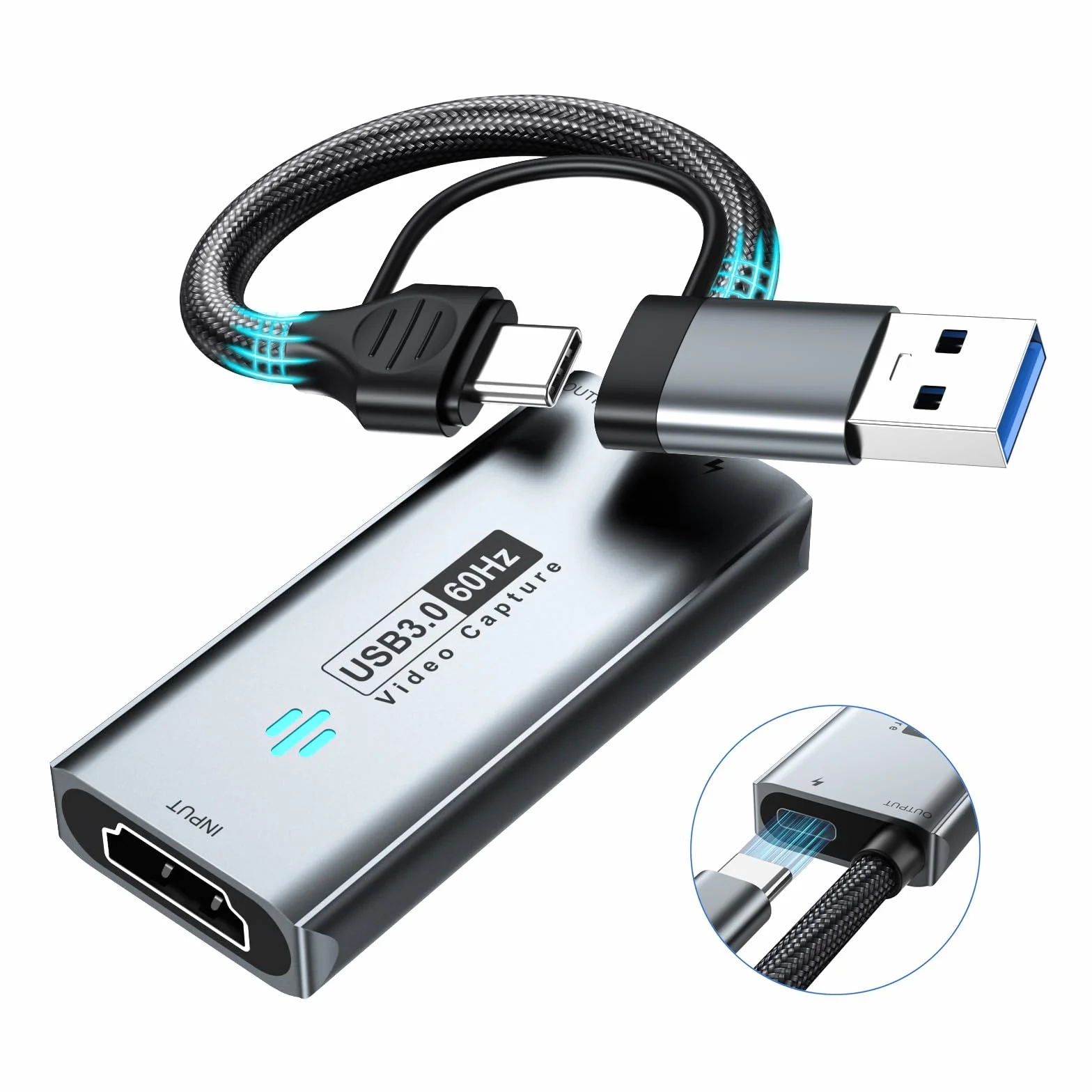 Papeaso Tarjeta de captura de video USB 3.0, tarjeta de captura HDMI a USB-A/C con PD, 1440P 30 fps y captura de video 1080P 60 fps, para transmisión, enseñanza, juegos, videoconferencia o transmisión