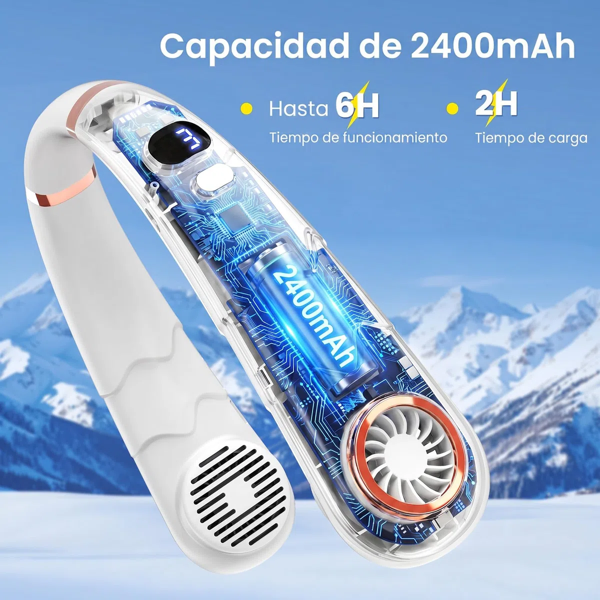 SHINER Ventilador de Cuello Portátil, Mini Ventilador Cuello Silencioso Recargable por USB con Pantalla LCD, Flujo de Aire Envolvente de 360°, 3 Velocidades, Ideal Para la Oficina, Viajes y Deportes