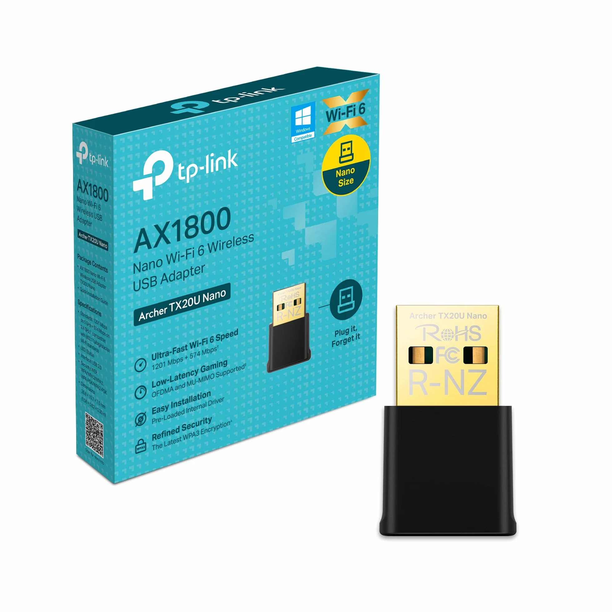 TP-Link Archer TX20U Nano| Adaptador USB WiFi6, Banda Dual AX1800, Menor latencia y Red más Segura, Controlador precargado, Solo conéctelo e instálelo, diseño Nano, Negro