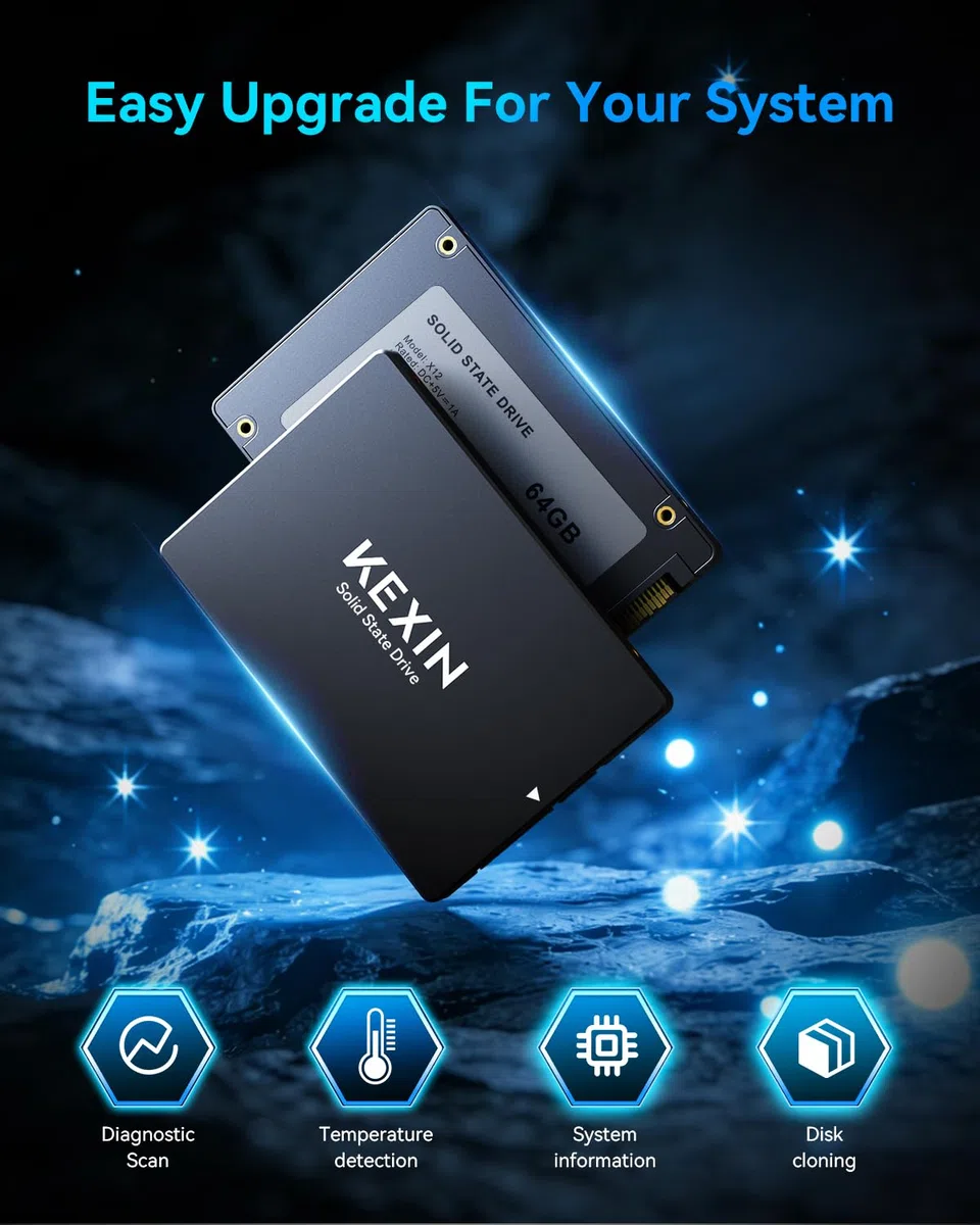 KEXIN SSD Interno SATA III de 2,5 Pulgadas, 64 GB: hasta 280 MB/s de Lectura y 250 MB/s de Escritura, SSD de Alta Velocidad para portátiles y PC de sobremesa