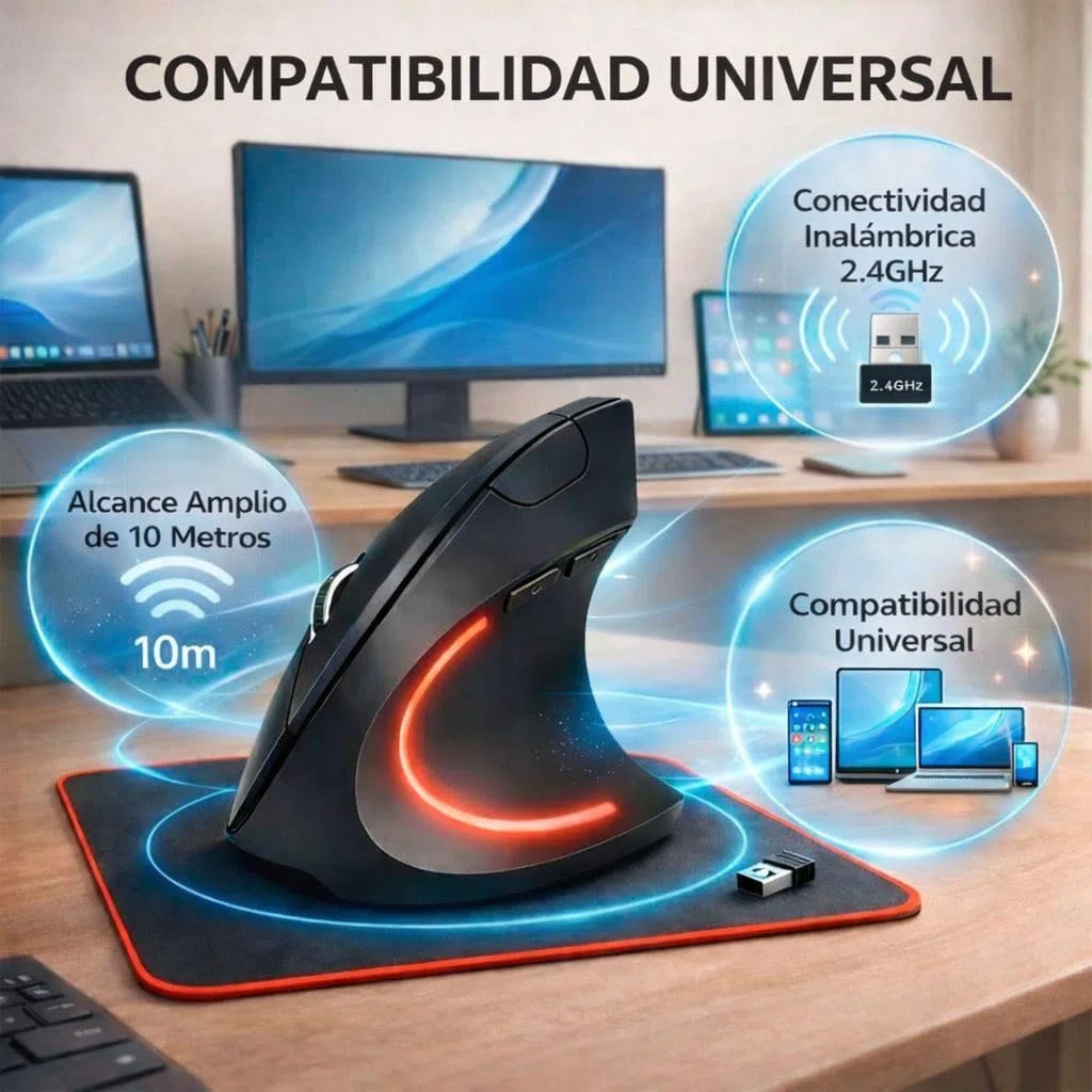 Ratón Vertical Inalámbrico y Ergonómico + Alfombrilla, 1200DPI, 6 Botones, Raton Ergonomico e Inalambrico para Reducir la Tensión en Brazos y Muñecas, 2.4G Raton Silencioso para PC y MacBook