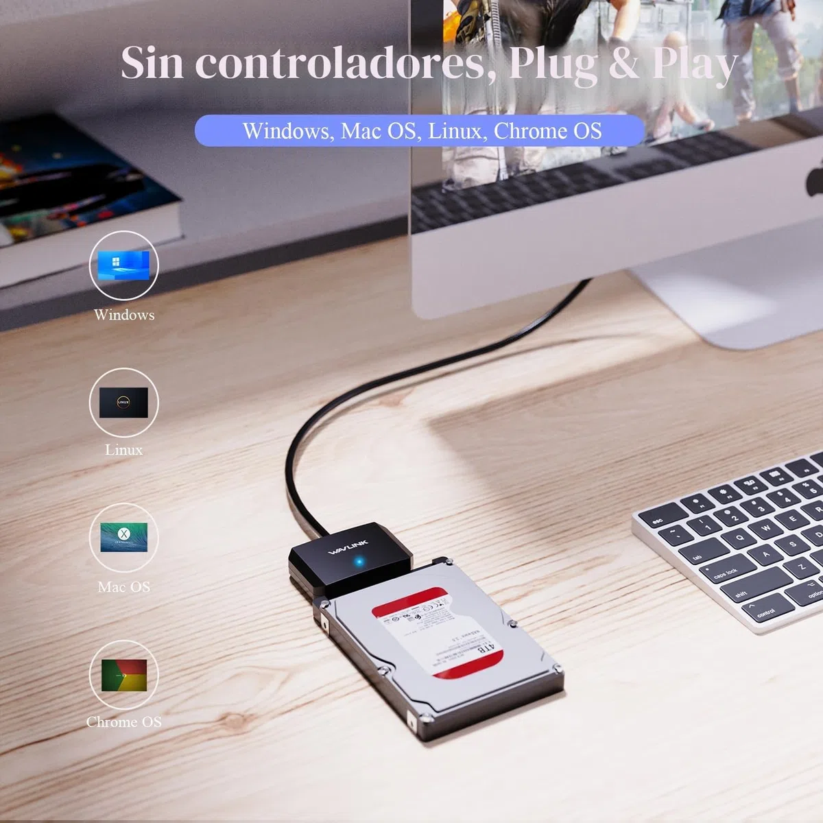 WAVLINK USB3.0 a SATA III Cable Adaptador de Disco Duro,Conector de Disco Duro Externo para 2,5''/3,5''HDD/SSD, SATA a USB A 5Gbps Convertidor,Adaptador de Corriente Incluido