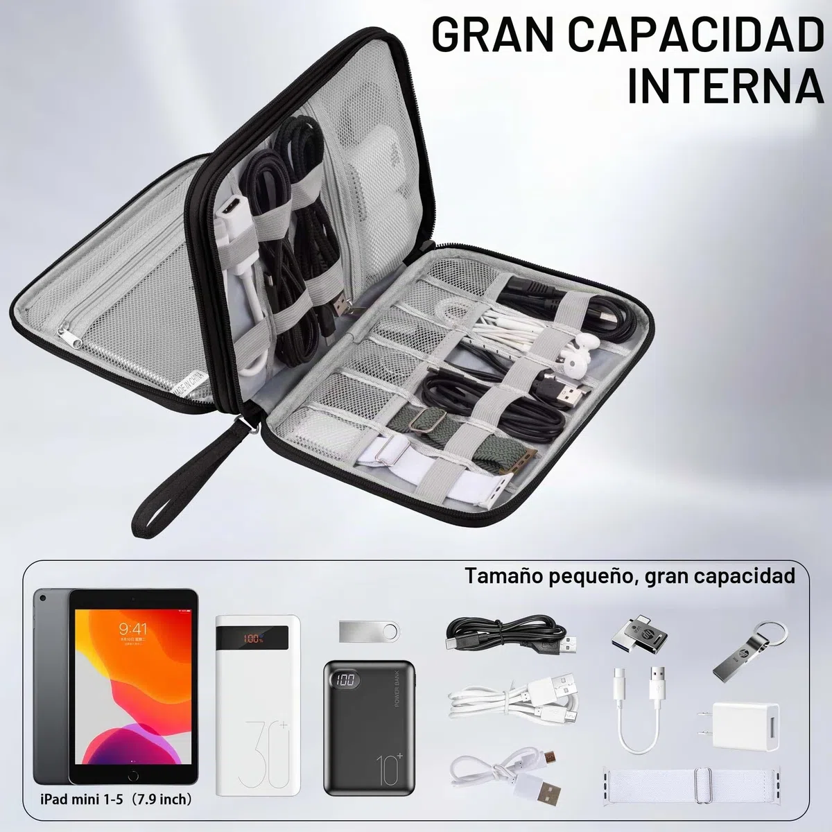 Arae Organizador de Cables para Viaje con Doble Capa - Bolsa Técnica Impermeable para Cargadores, Teléfonos, Auriculares, Tarjetas | Travel Essentials para Viajes Accesorios, L, Negro