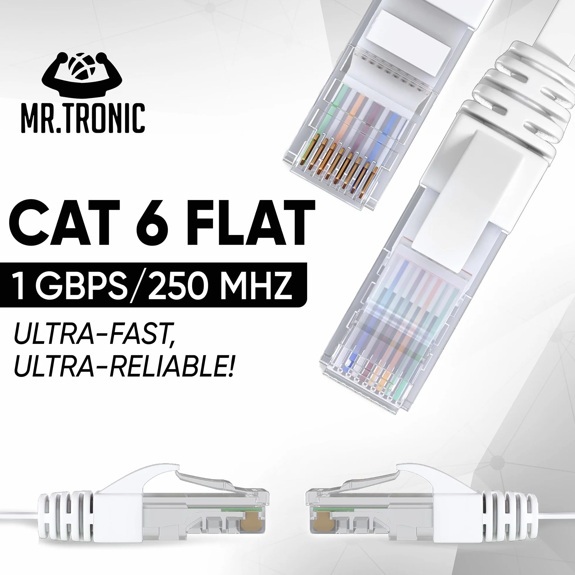 Mr. Tronic Cable Ethernet Cat 6 De 10m, Cable de Red Plano LAN Con Conectores RJ45 Para Internet Rápida & Fiable - Cat6 con Conexión AWG24 | Internet UTP CCA (10 Metros, Blanco)