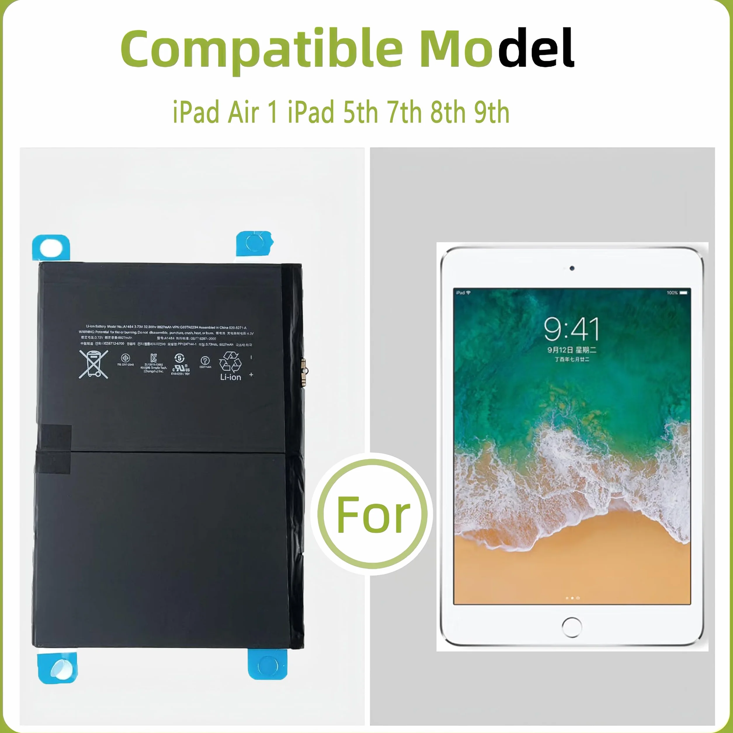 Batería de repuesto A1484 para iPad 5th 7th 8th 9th iPad A1474 A1475 A1476 A1822 A1823 A1893 A1954 A2197 A2200 A2198 Batería de repuesto con juego de herramientas