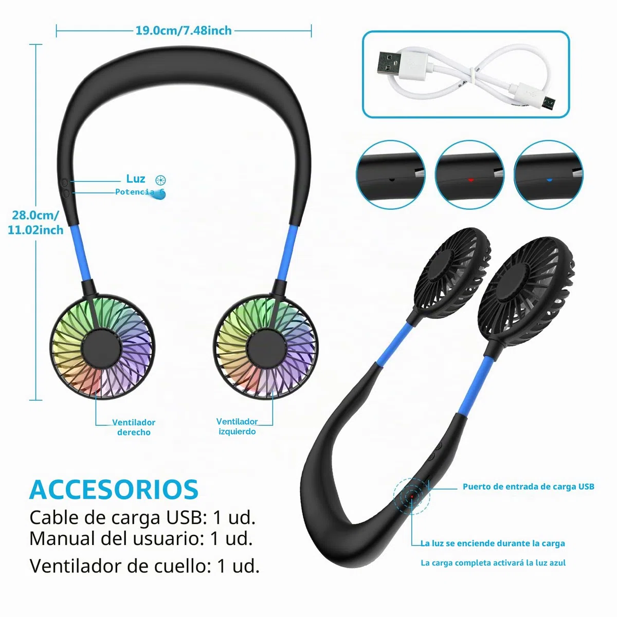Ventilador de cuello, ventilador portátil, mini ventilador USB, ventilador portátil de cuello recargable, enfriador de aire de doble cabezal a viento de 3 velocidades para exteriores Camping Office