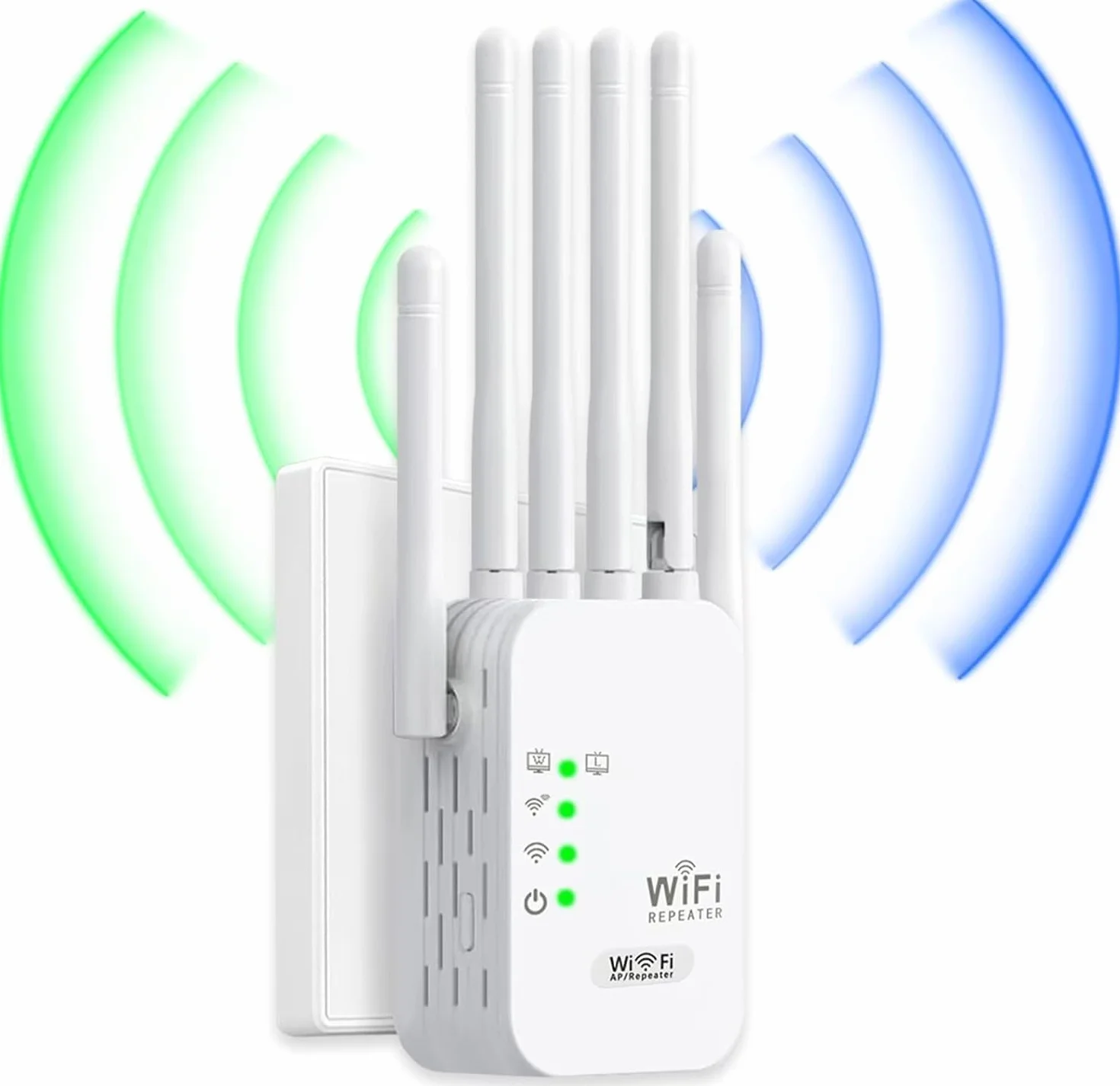 Repetidor WiFi, Amplificador de Señal WiFi 1200 Mbps,6 Antenas 2 Puertos LAN, Extensor WiFi, Cobertura de hasta 11000 Metros Cuadrados，Adecuado para oficinas y hogares, fácil de Instalar (Blanco)