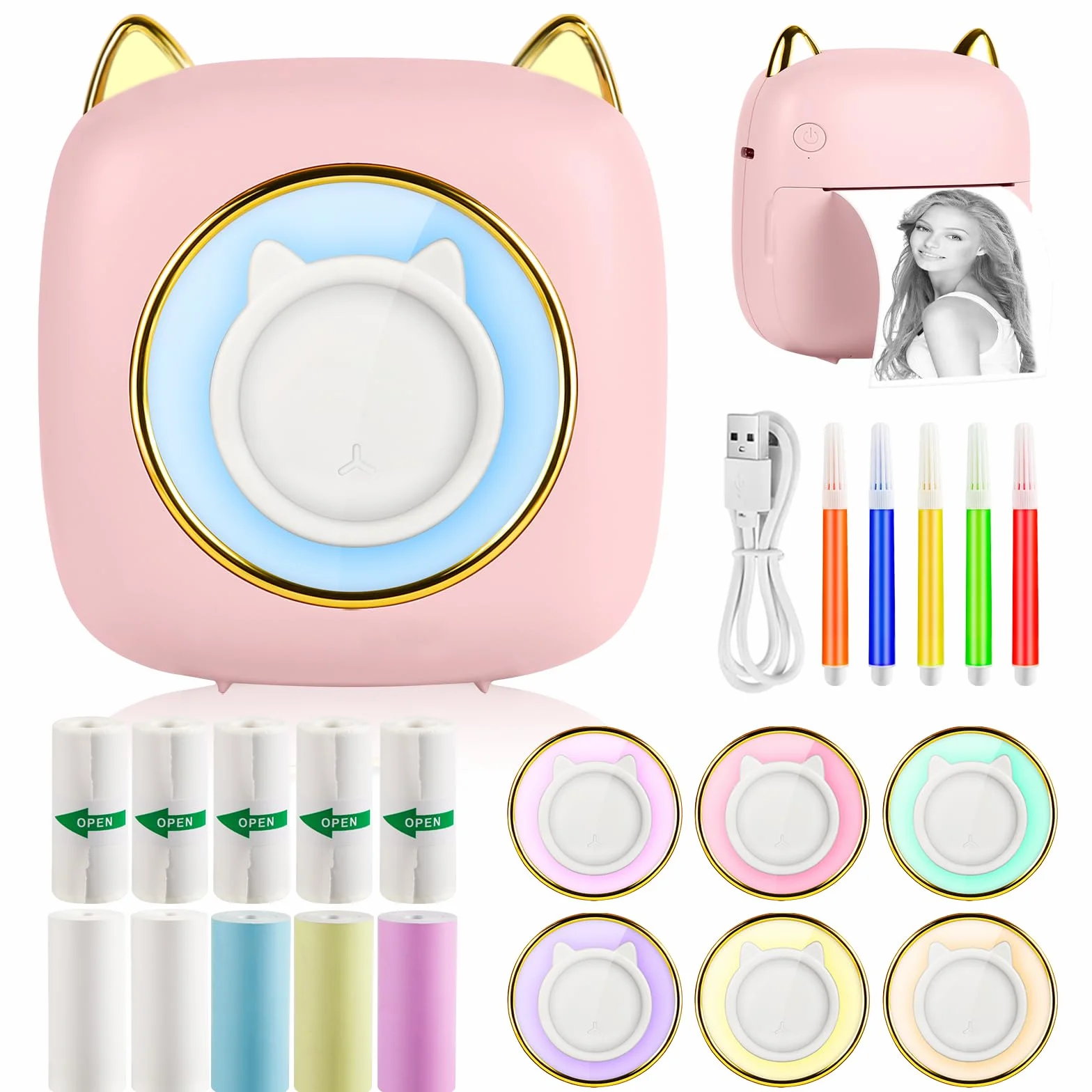 GuKKK Mini Impresora Portátil Fotográfica para Movil, Impresora Termica Bluetooth, con LED de 7 Colores, Impresora Inalámbrica para Notas