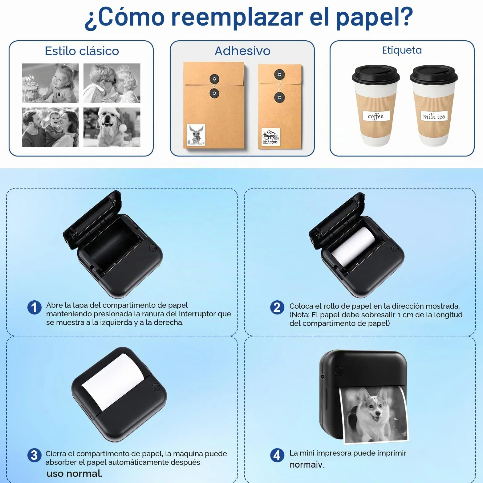 GuKKK Mini Impresora para Movil, Impresora Fotográfica, Portátil Mini Impresora Bluetooth Impresora Termica, Inalámbrico Impresora Térmica Con 13 Rolls of Paper, Movil Impresora Fotos, para Fotos Nota