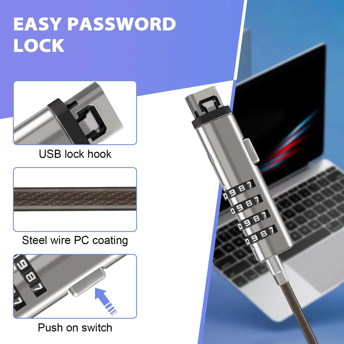 4 Bloqueo de cable de seguridad para ordenador portátil USB un bloqueo universal digital para ordenador portátil